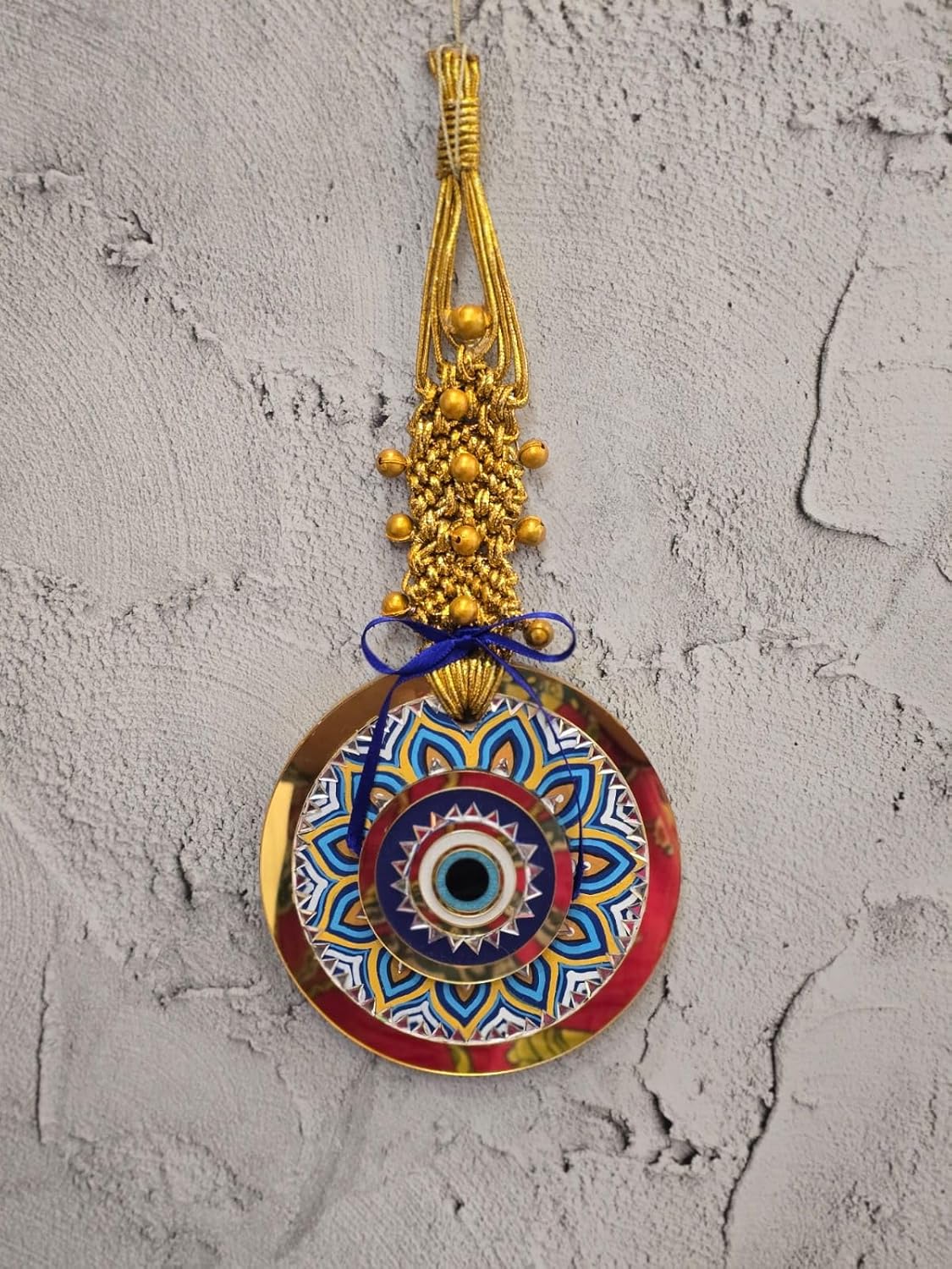 Blue Eye Blessings Mandala Evil Eye Wall Hanging with Golden Macrame Top | Handcrafted Boho Protection Decor for Home and Gifts - Image 6