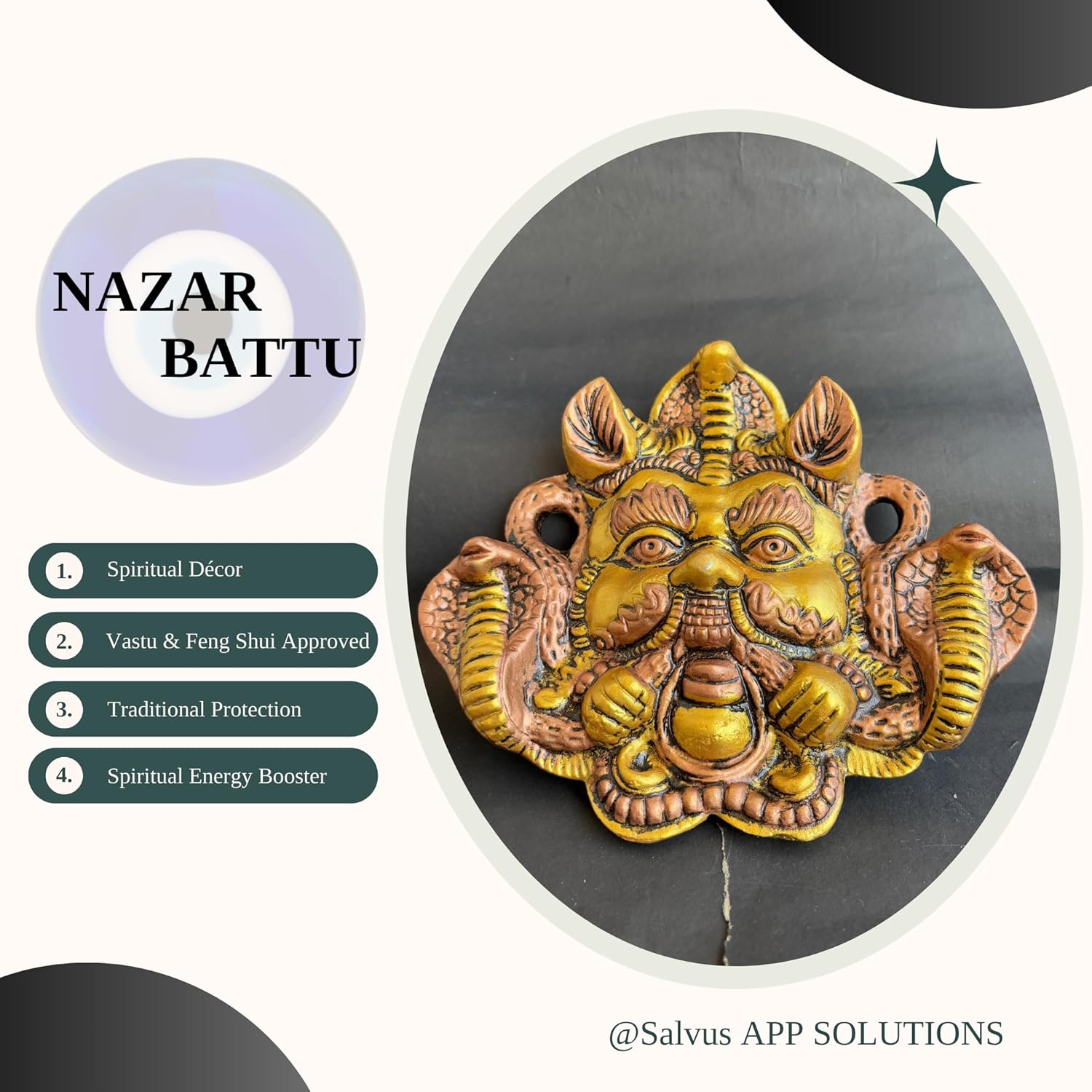 Salvus APP SOLUTIONS Exclusive Metal Nazar Battu Face Mask with Naag Wall Hanging for Evil Eye Protection Suitable ( Gold) - Image 5