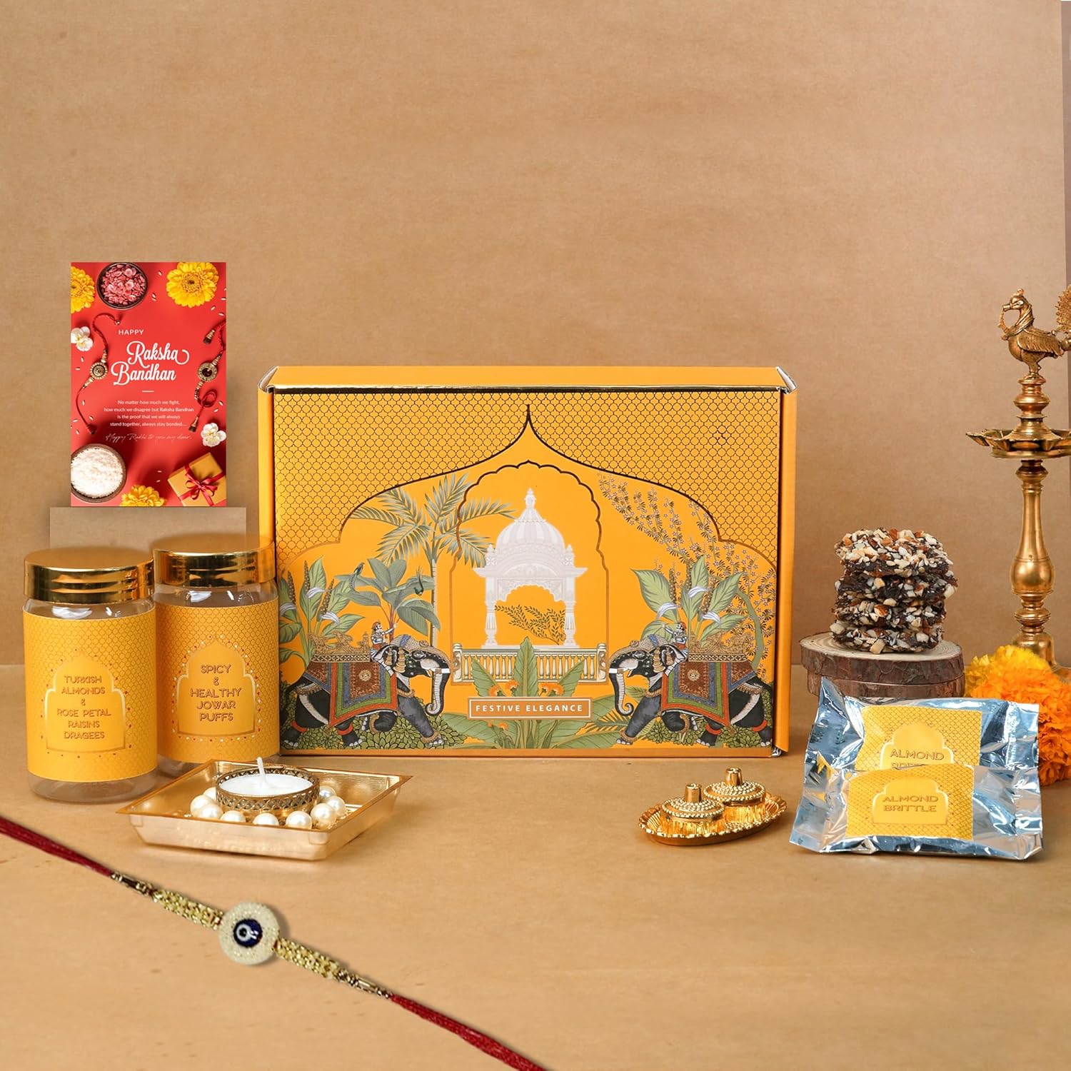 Oriole Gifts Rakhi Hamper for Brother with Premium Evil Eye Rakhi, Chocolate Bites, Almond Brittles, Coffee Almond Nutties, Paan Shots, Snacks & Greeting Card | Rakshabandhan Gift for Brother with Chocolate Gift Box - Image 3