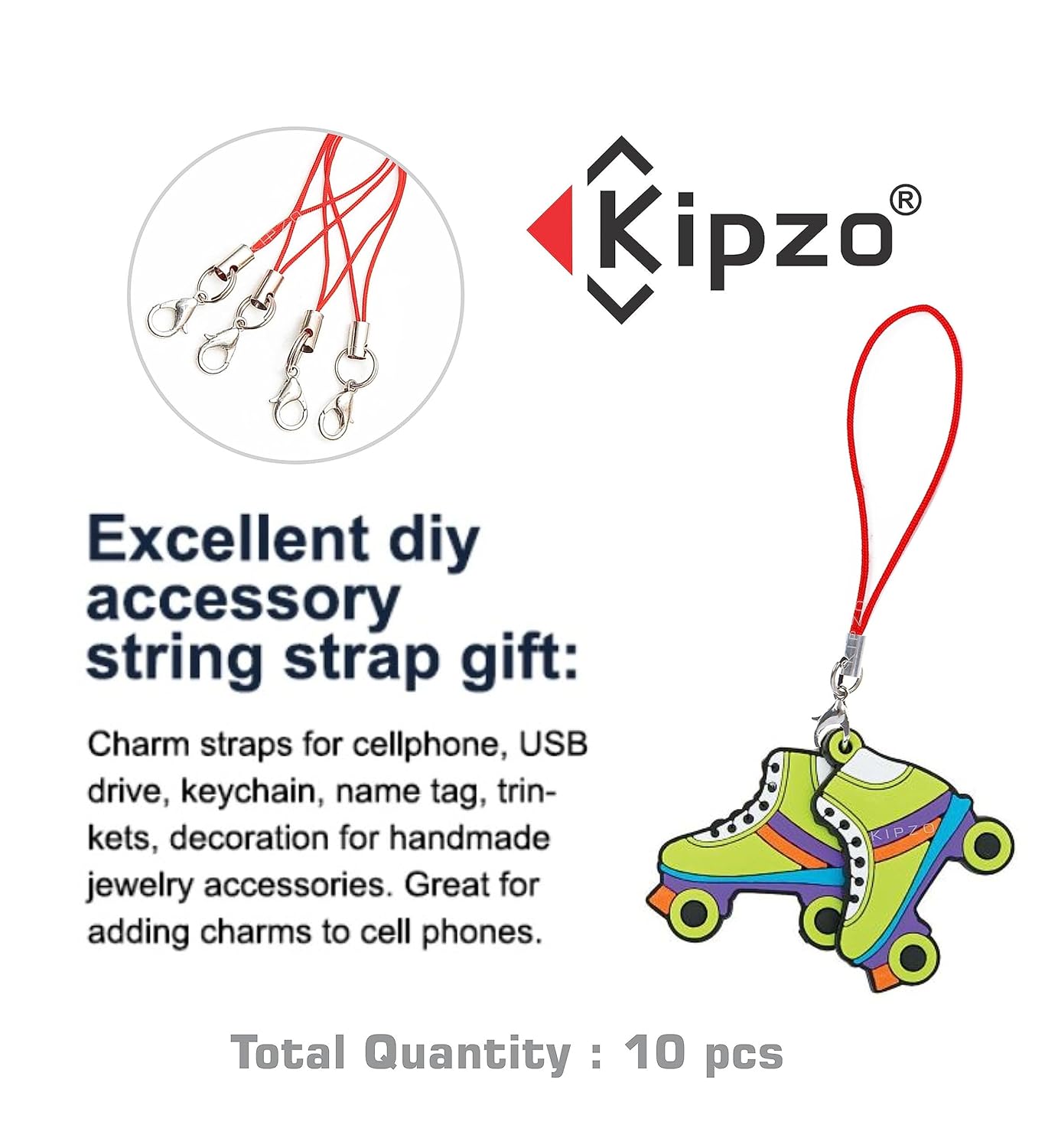 KIPZO® Red Pack of 10 pcs Phone Strap Charm lobster clasp for cell phone Cover keyring Pendrive Badge Holders Charm DIY Jewellery straps thread Ring with Hook smart round zip carry case pouch - Image 6