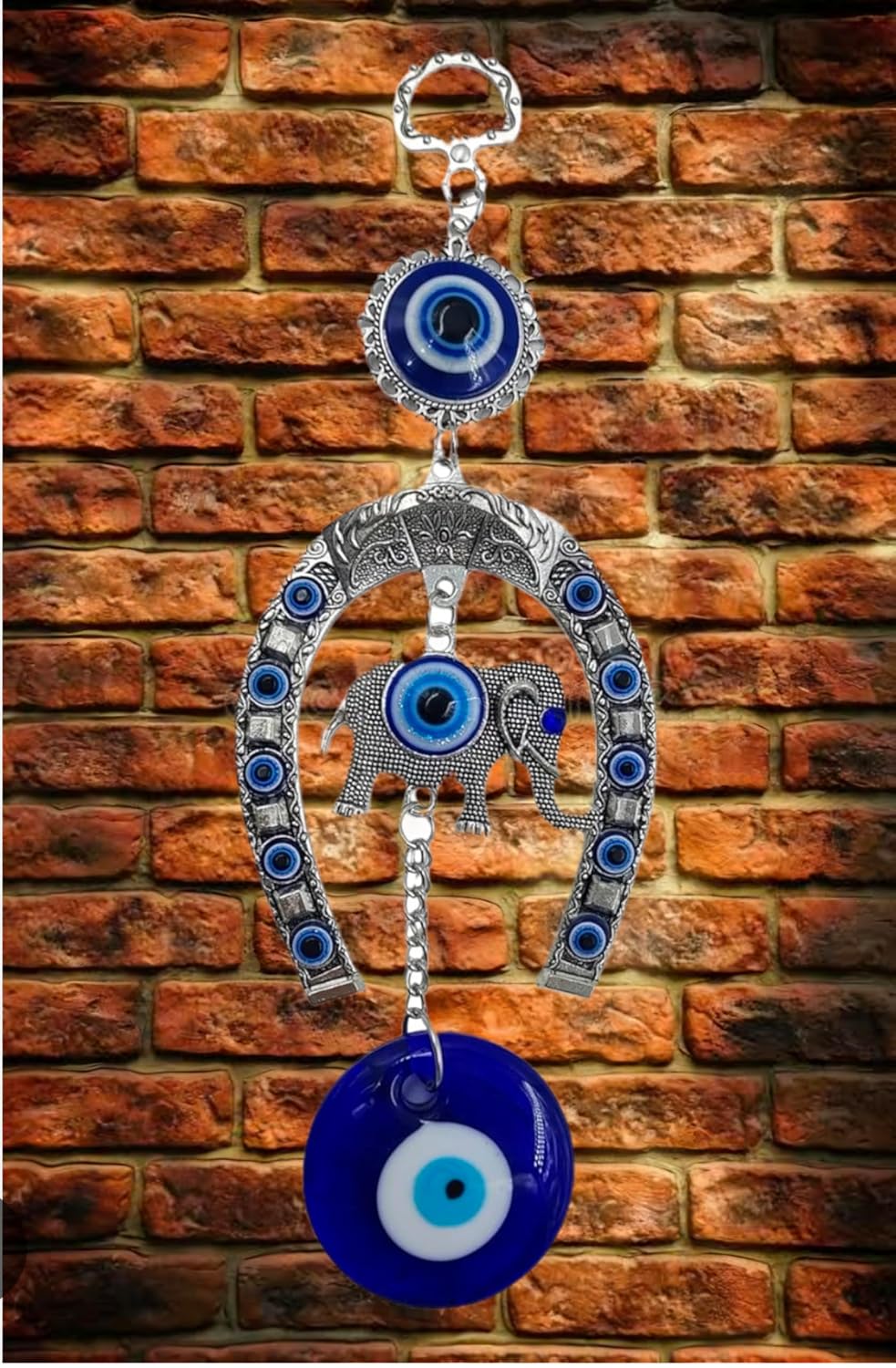 DT DECTONE Stainless Steel Evil Eye Hanging for Home Main Door Entrance, House Door Decoration, Horseshoe with Elephant Nazar Battu for Home Protection, Prosperity at Office and Home, Blue - Image 4