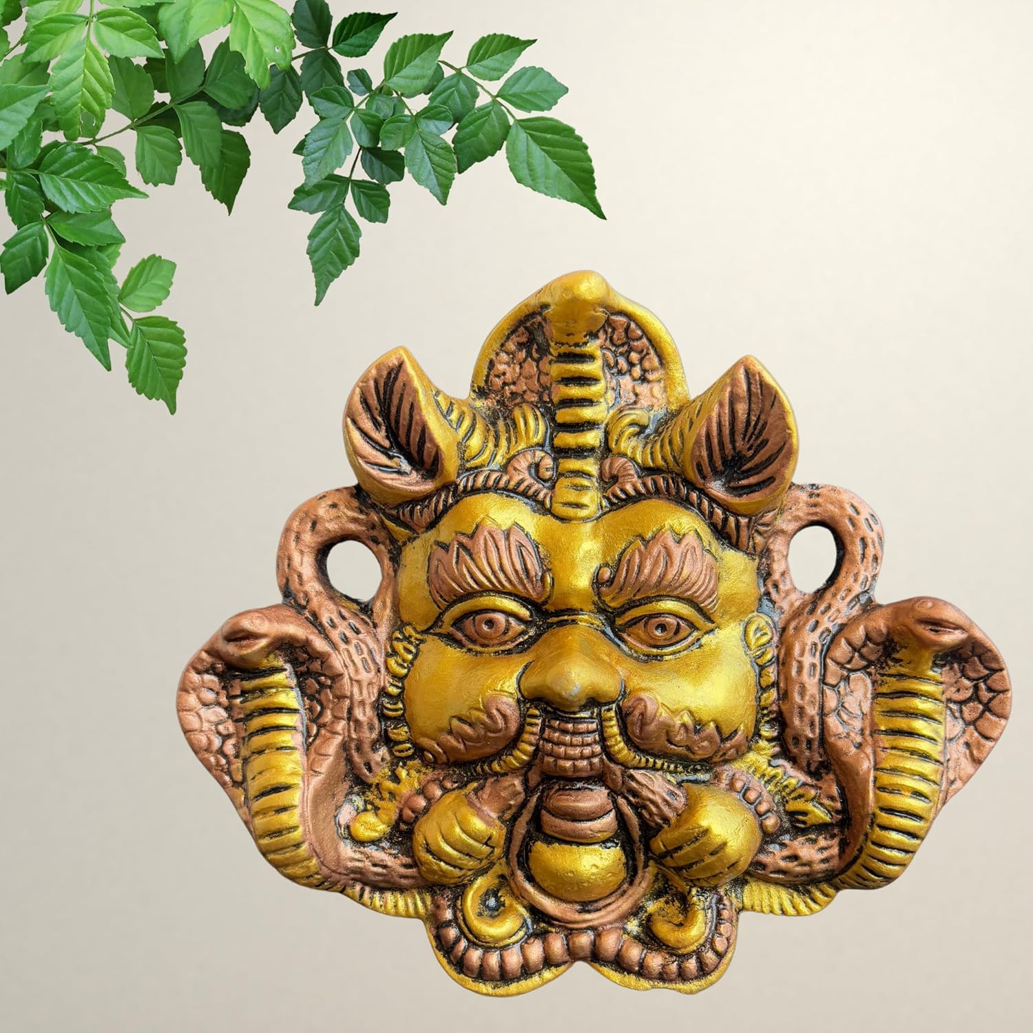 Salvus APP SOLUTIONS Exclusive Metal Nazar Battu Face Mask with Naag Wall Hanging for Evil Eye Protection Suitable ( Gold) - Image 2