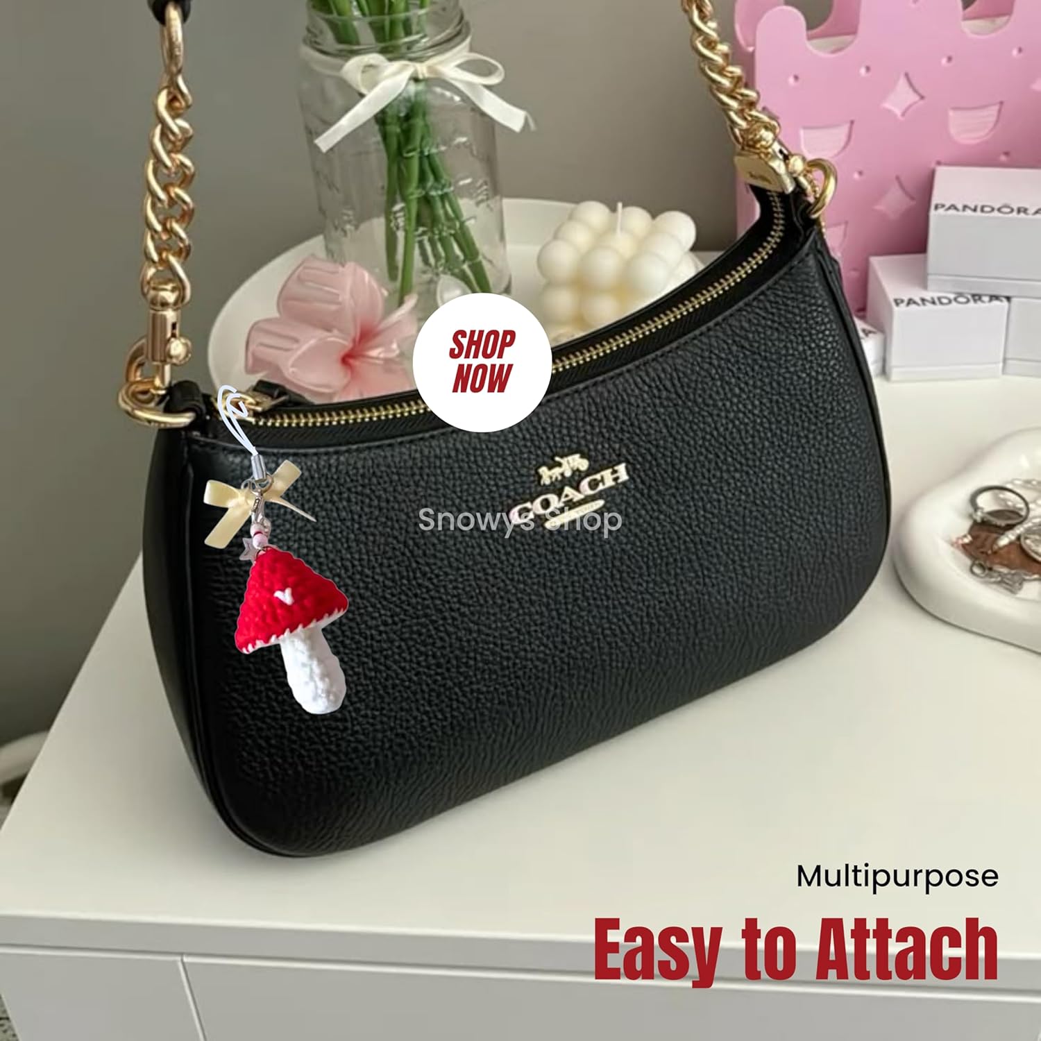 SNOWYS SHOP 2-Piece Cute Pink & Red Crochet Mushroom Phone Charm for Girls – Hanging Bag & Mobile Chain Accessory for Women & Teens - Image 4