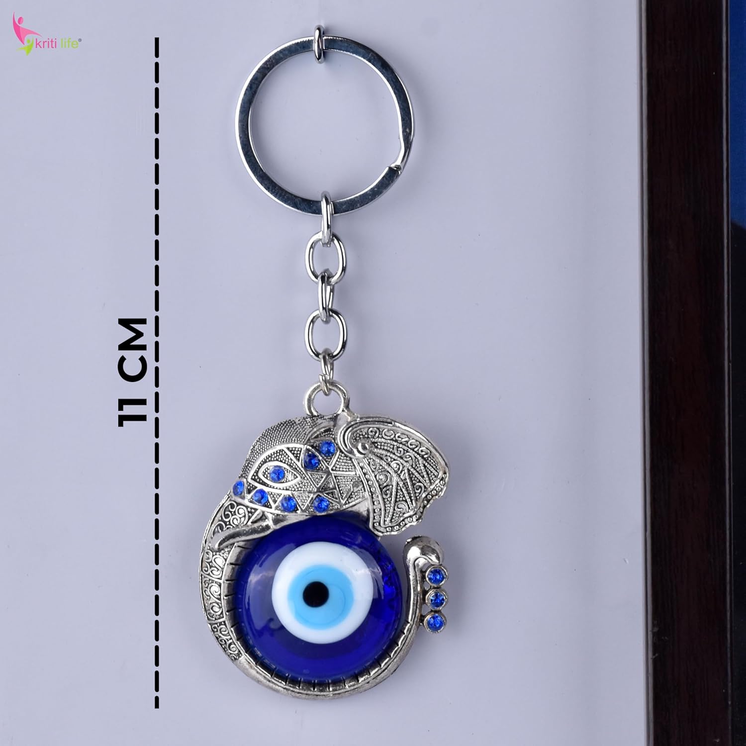 Kriti Life Elephant Evil Eye Keychain | 11 cm hight | Nazar Suraksha Keyring | Blue Evil Eye Glass Bead with Designer Elephant Metal Charm for Car, Bag & Home - Image 4