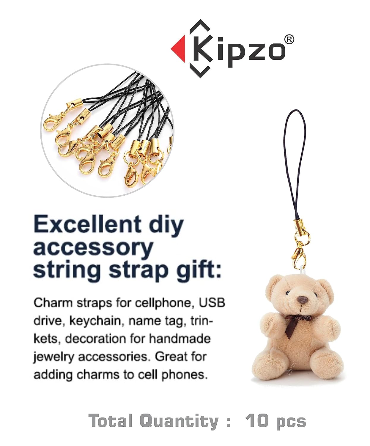 KIPZO® Black Pack of 10 pcs Phone Strap Charm lobster clasp for cell phone Cover keyring Pendrive Badge Holders Charm DIY Jewellery straps thread Ring with Hook smart round zip carry case pouch - Image 6