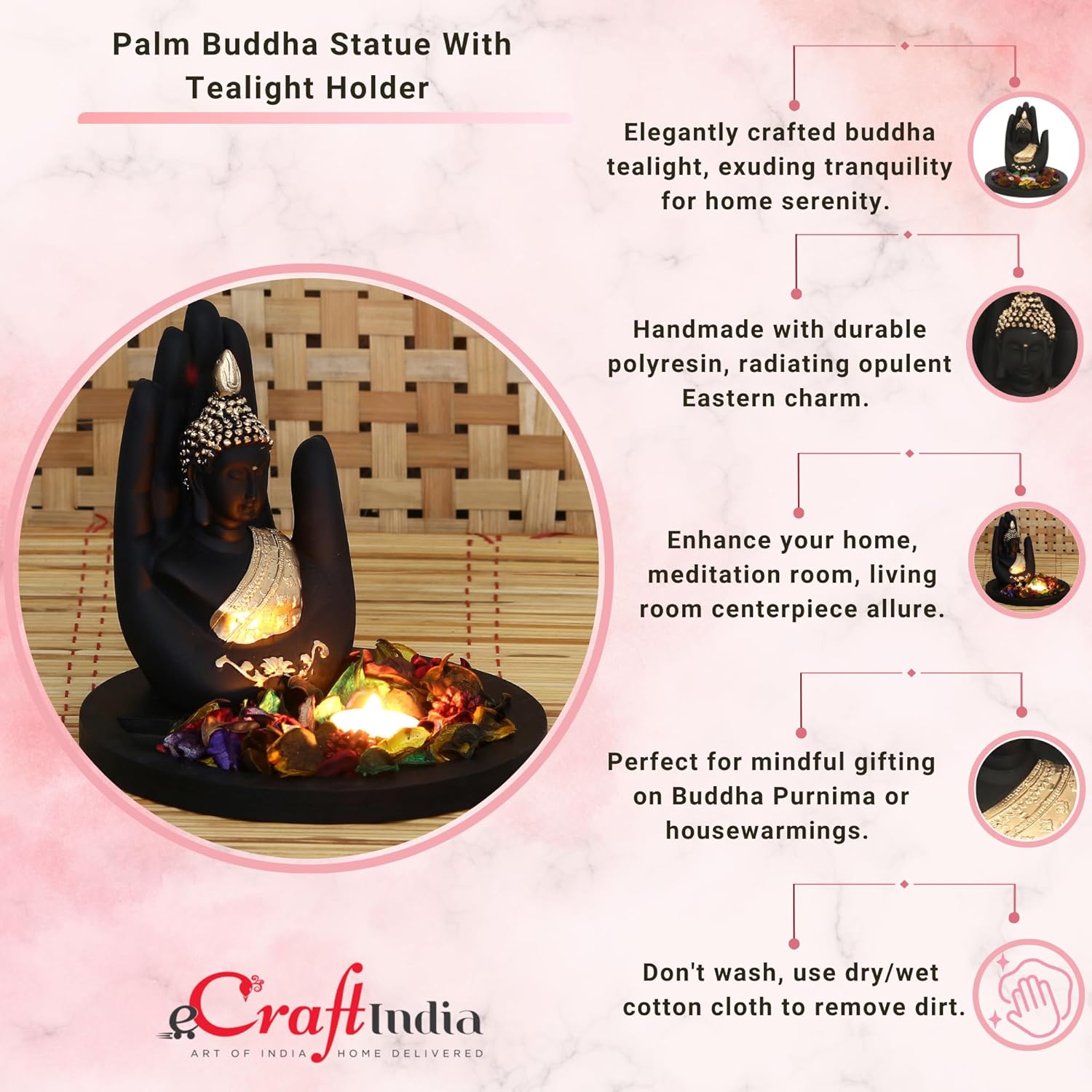 eCraftIndia Black Golden Resin Palm Buddha Statue Tea Light Holder| Lord Buddha Statue for Living Room| Gautam Buddha Idol for Home Decor|God Idol Showpiece Gift for Diwali Buddha Purnima Housewarming - Image 5