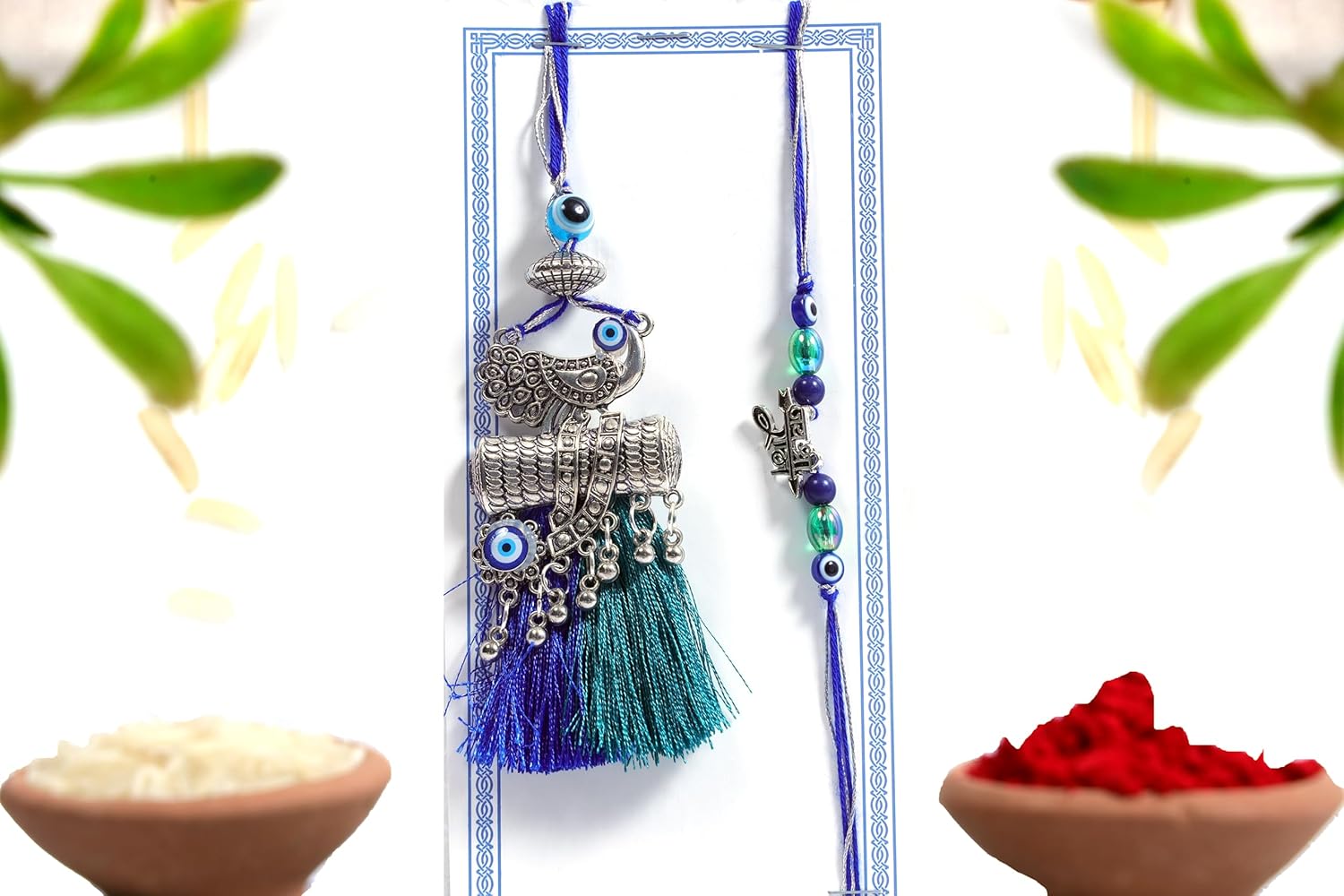 Evil Eye Rakhi for Set brother and bhabhi | Designer Evil Eye Hand Rakhi Set with Roli Chawal and Raksha Bandhan Greeting Card For Men | Rakshabandhan, Premium evil eye raakhis - Image 4