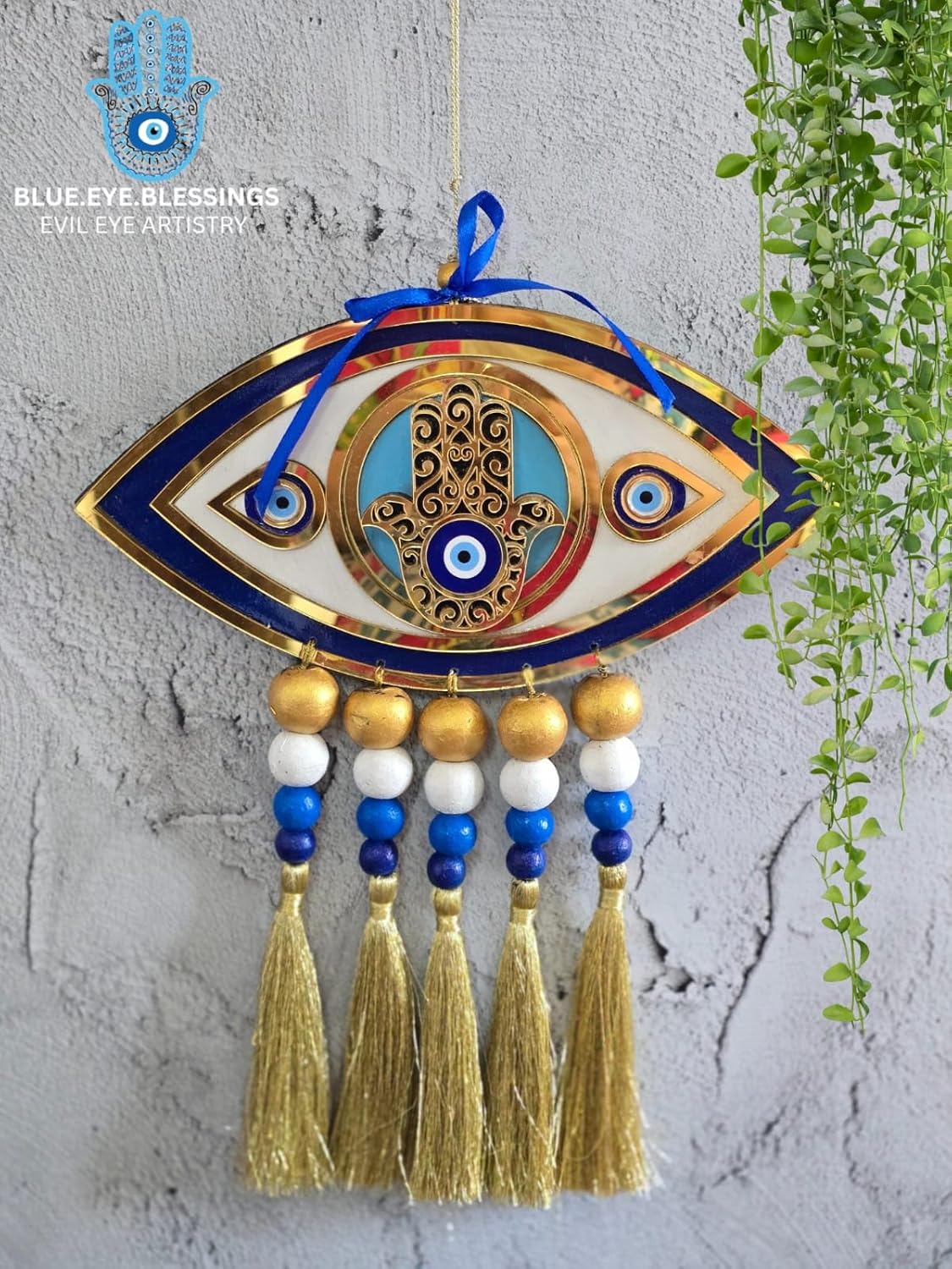 Blue Eye Blessings Hamsa Hand Evil Eye Wall Hanging – Eye-Shaped Nazar Decor with Tassels & Beads | Handcrafted Vastu & Feng Shui Protection Charm for Home, Office & Gifting - Image 5