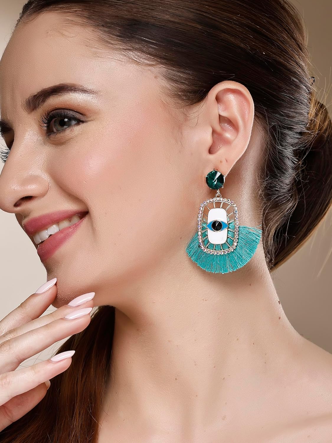 KARATCART Gold Plated Green Evil Eye Tassel Dangle Earrings with Rhinestone Detailing for Women and Girls - Image 4