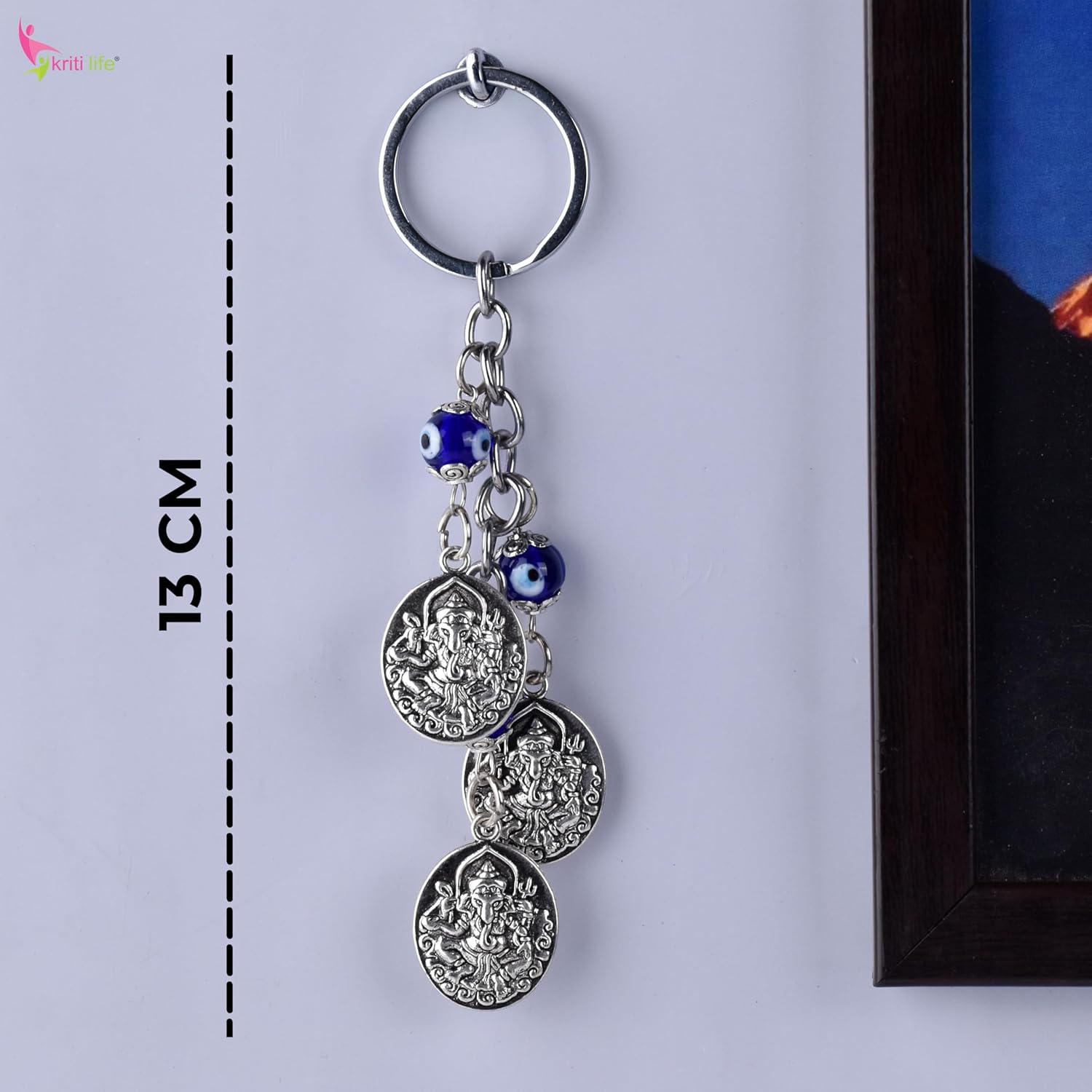 Kriti Life Ganesha Coin Evil Eye Keychain | 13 cm hight | Nazar Suraksha Keyring for Car, Bag & Home | Spiritual Protection Charm with Metal Coins & Beads - Image 4