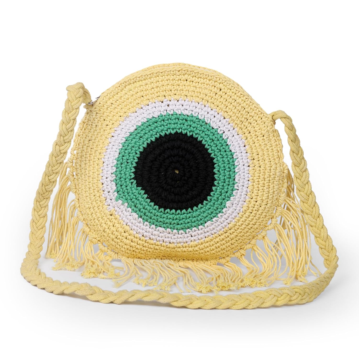 MMS Handicrafts Handmade Crochet Crossbody Bag, Round Evil Eye Design with Fringe - Image 2