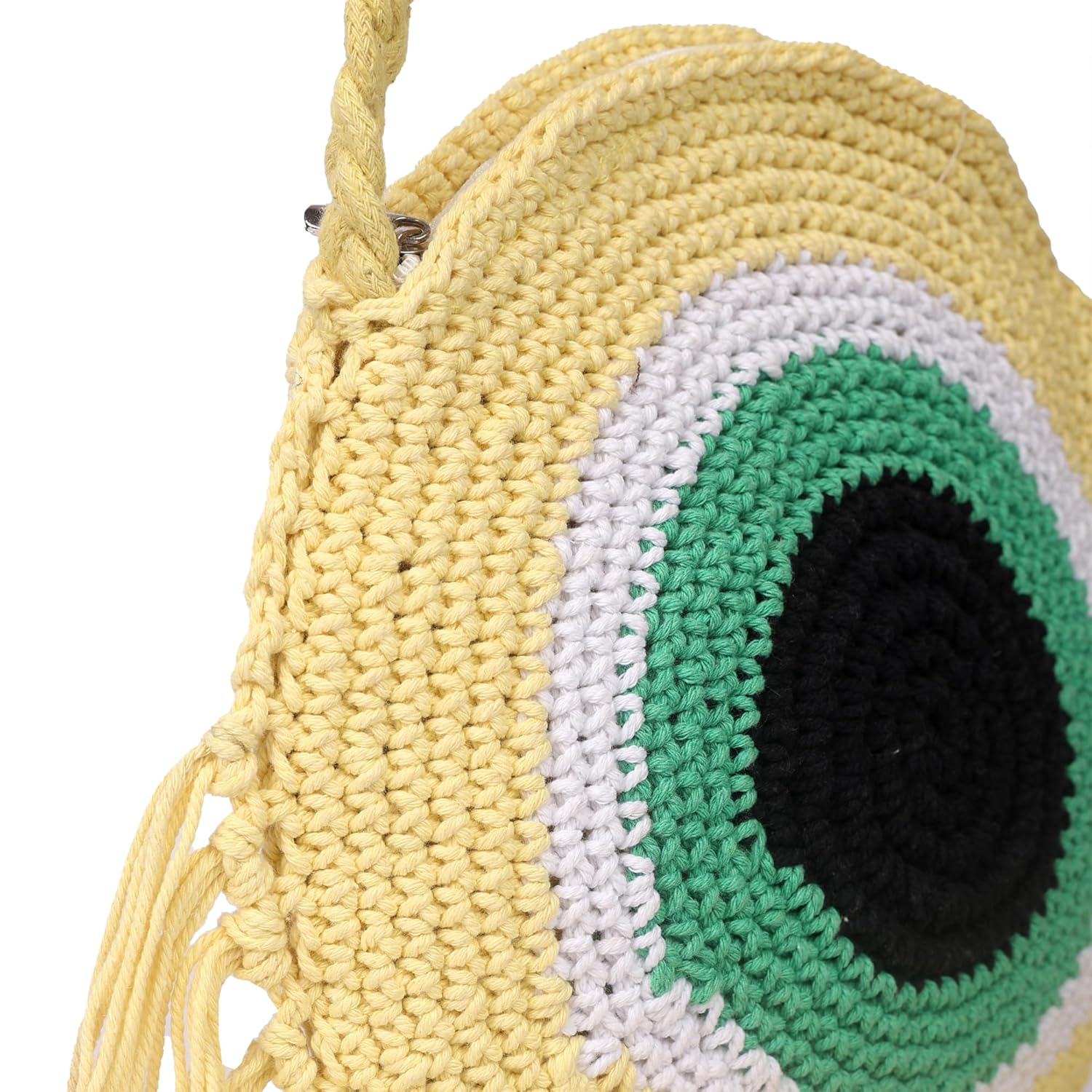 MMS Handicrafts Handmade Crochet Crossbody Bag, Round Evil Eye Design with Fringe - Image 4