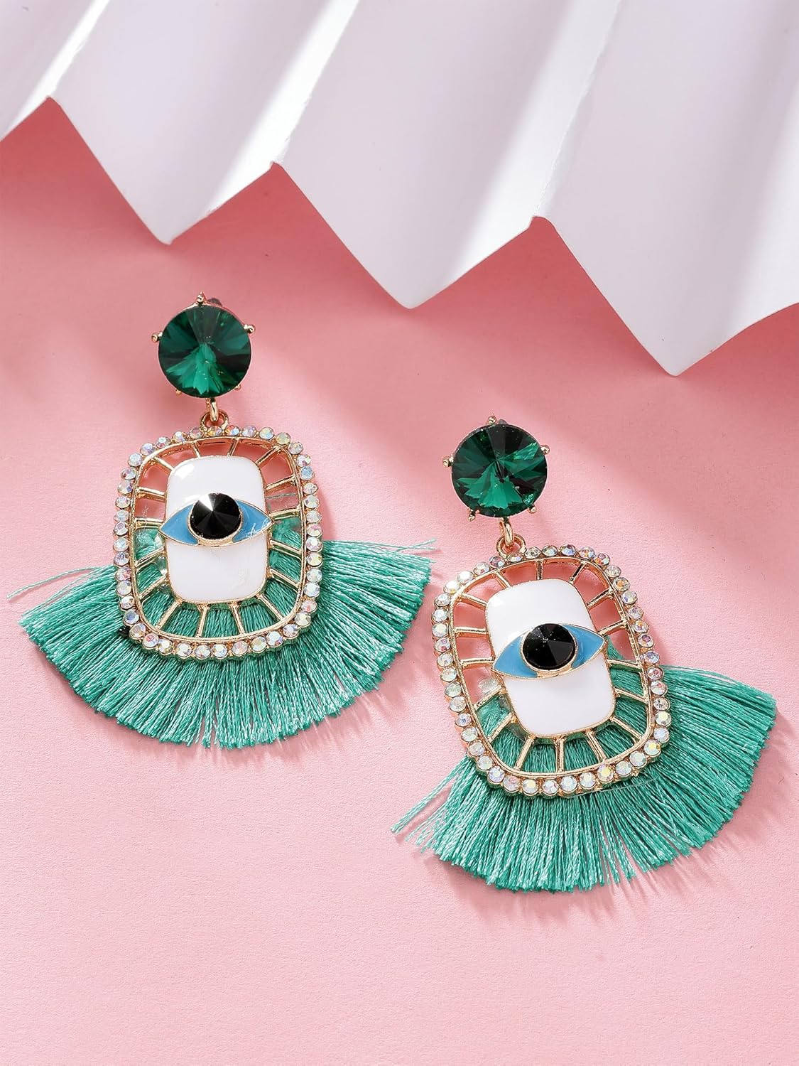 KARATCART Gold Plated Green Evil Eye Tassel Dangle Earrings with Rhinestone Detailing for Women and Girls - Image 5