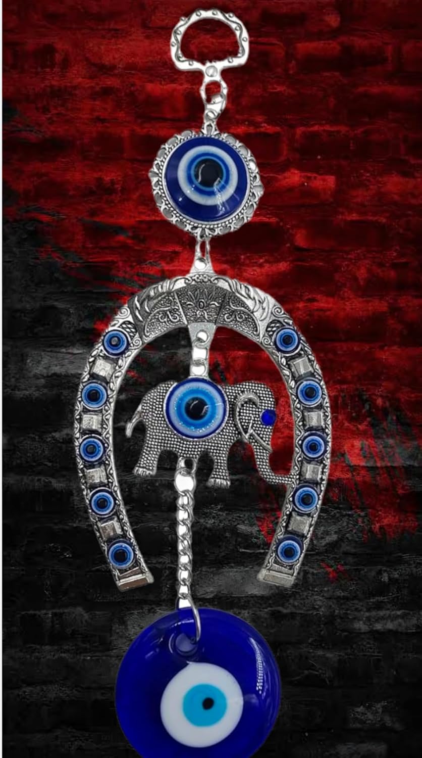 DT DECTONE Stainless Steel Evil Eye Hanging for Home Main Door Entrance, House Door Decoration, Horseshoe with Elephant Nazar Battu for Home Protection, Prosperity at Office and Home, Blue - Image 5