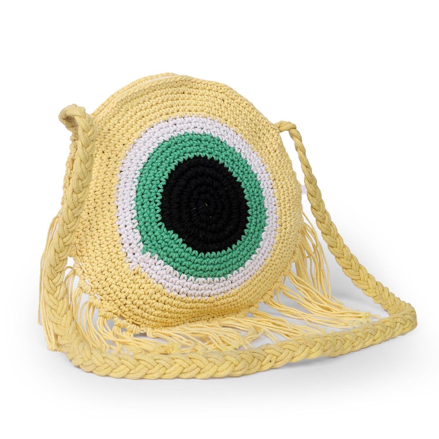 MMS Handicrafts Handmade Crochet Crossbody Bag, Round Evil Eye Design with Fringe - Image 3