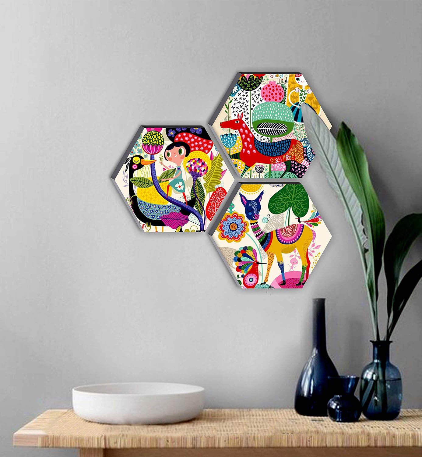SAF Wood Set Of 3 Hexagon Kid'S Room Decor Modern Art 6Mm Mdf Uv Textured Home Decorative Gift Item 12 Inch X 12 Inch Abstract Painting Sanfhx17 - Image 3