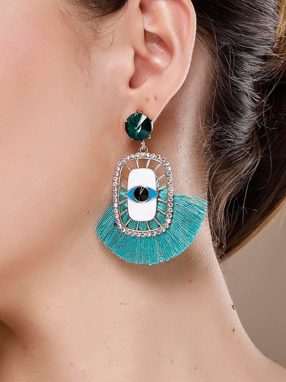 KARATCART Gold Plated Green Evil Eye Tassel Dangle Earrings with Rhinestone Detailing for Women and Girls - Image 3