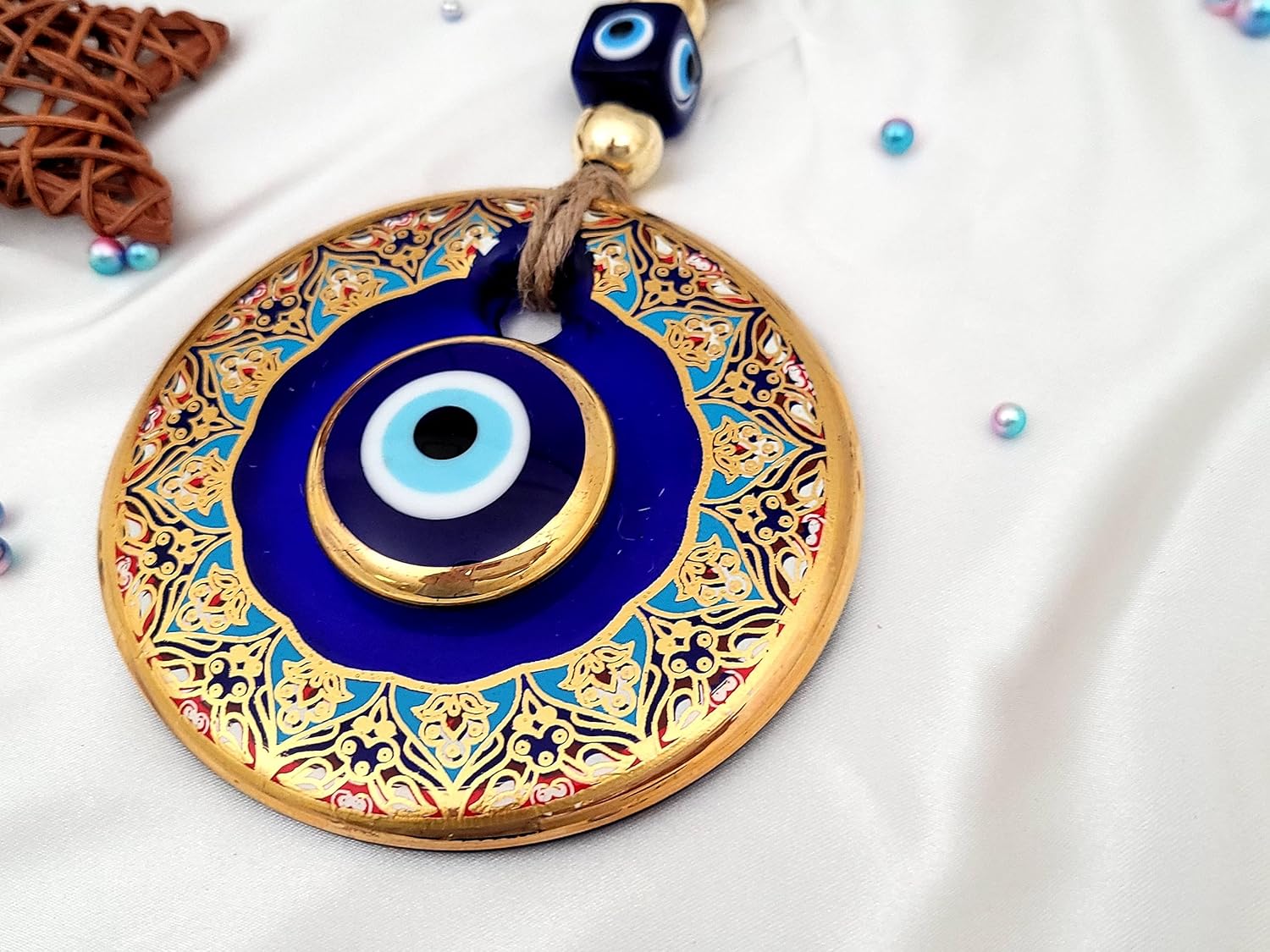 Candymosa 4.3" Glass Blue Evil Eye Wall Hanging Floral Design Gold Ornament – Evil Eye Wall Hanging in a Box - Home Protection Charm Evil Eye Wall Decor - Turkish Nazar Amulet - Image 6