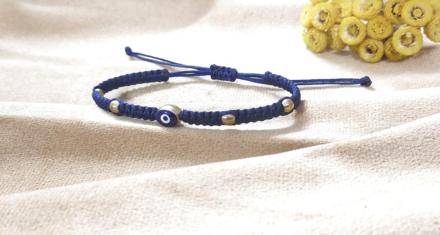 SAFFRON SHADES Premium & Elegant Evil Eye Rakhi Bracelet with Brass Beads for Brother Sister Bhabhi | Good luck, Protection, Nazariya | Greeting Card, Roli Chawal & Gift Potli Bag - Image 3