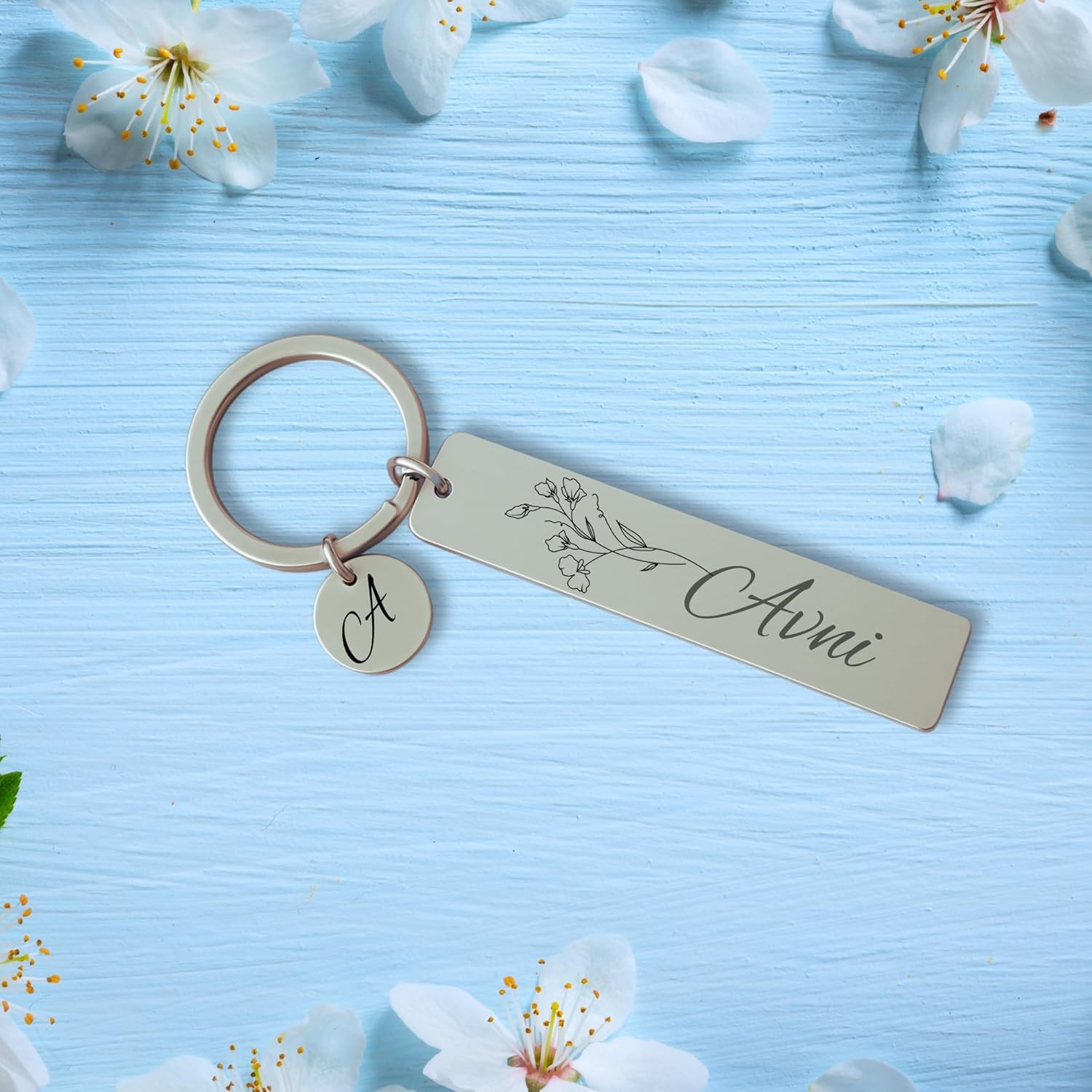 Pijera Personalized Double-Sided Stainless Steel Keychain, Custom Name and Birth Flower Engraving, Initial Charm, Silver - Image 3