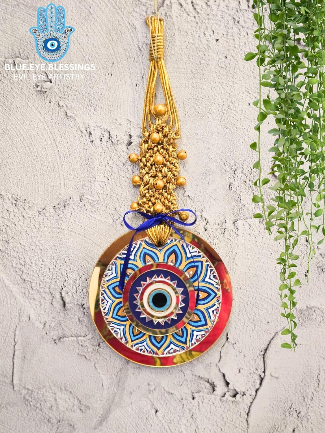 Blue Eye Blessings Mandala Evil Eye Wall Hanging with Golden Macrame Top | Handcrafted Boho Protection Decor for Home and Gifts - Image 5