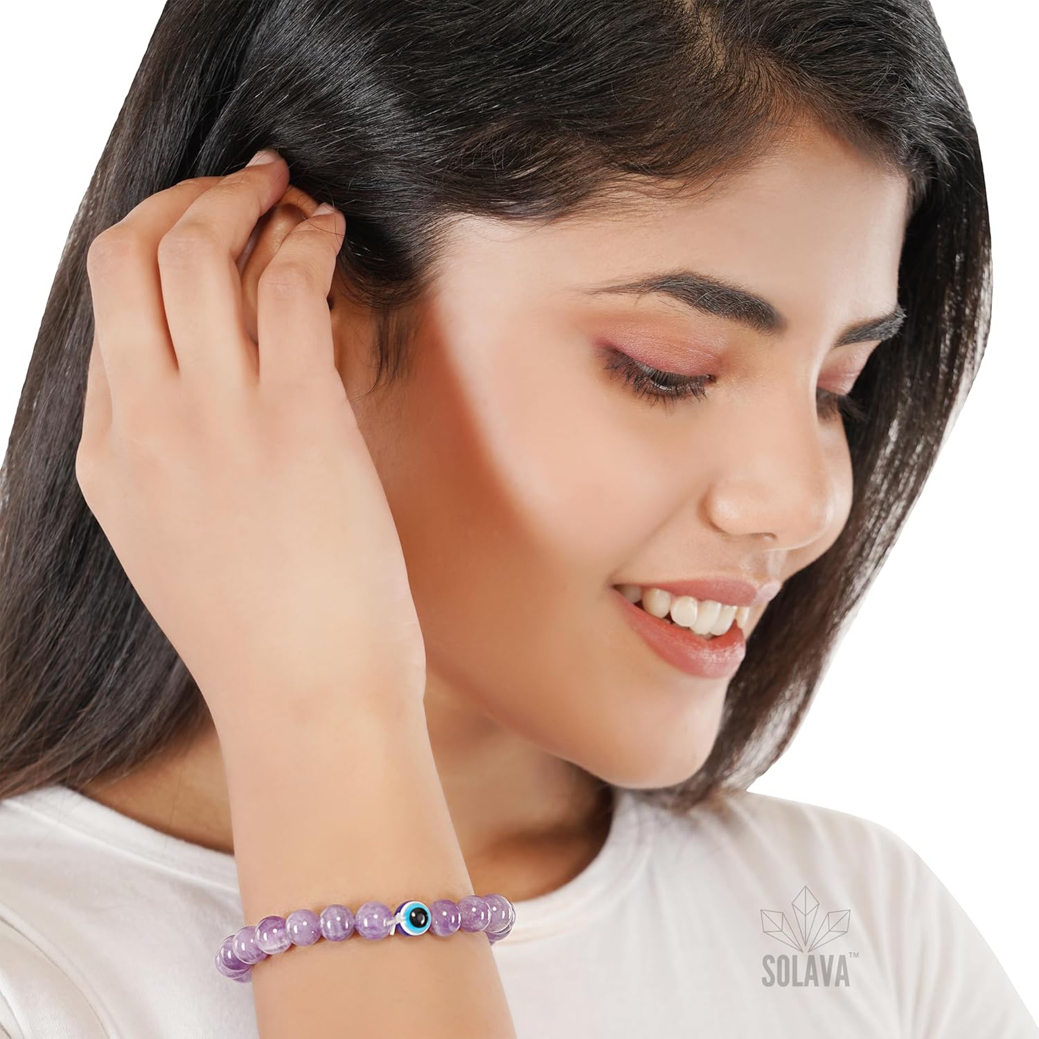 SOLAVA Original Amethyst Bracelet for Woman and Man with Evil Eye and Lab Certificate - Natural Energised Purple beads Bracelet, Evil Eye Bracelet for Protection, Healing and Mental Peace - 8MM Beads - Image 7