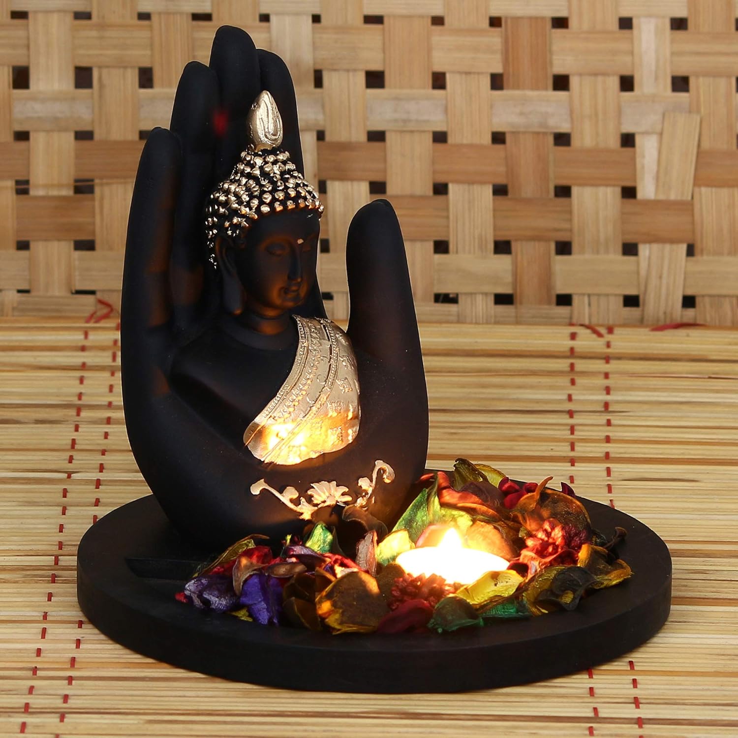 eCraftIndia Black Golden Resin Palm Buddha Statue Tea Light Holder| Lord Buddha Statue for Living Room| Gautam Buddha Idol for Home Decor|God Idol Showpiece Gift for Diwali Buddha Purnima Housewarming - Image 2