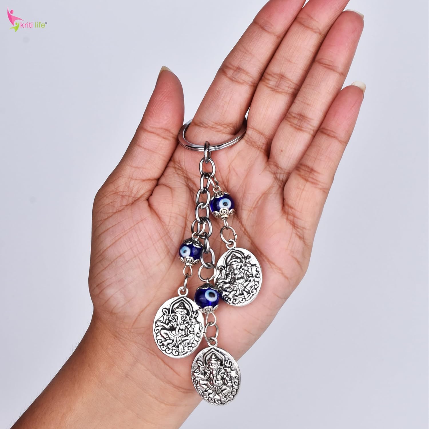 Kriti Life Ganesha Coin Evil Eye Keychain | 13 cm hight | Nazar Suraksha Keyring for Car, Bag & Home | Spiritual Protection Charm with Metal Coins & Beads - Image 5