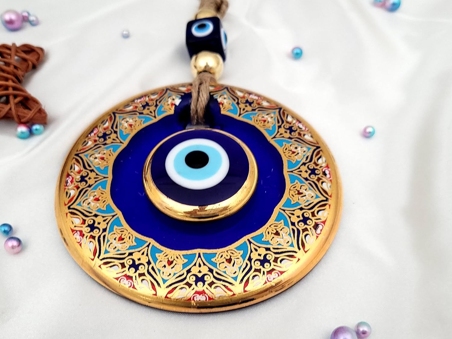 Candymosa 4.3" Glass Blue Evil Eye Wall Hanging Floral Design Gold Ornament – Evil Eye Wall Hanging in a Box - Home Protection Charm Evil Eye Wall Decor - Turkish Nazar Amulet - Image 5