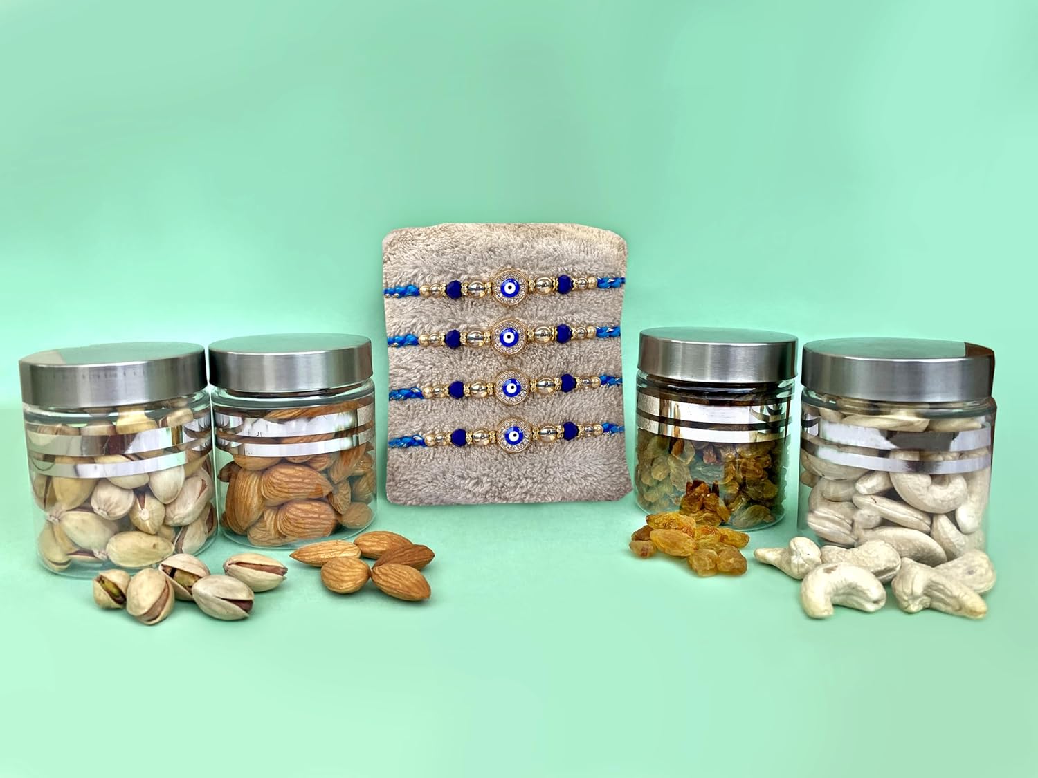 CLUZE Rakhi with Dry Fruit Gift Hamper Raksha Bandhan Pack of 4 Rakhi for Brother Sister (Blue Evil Eye) - Image 2