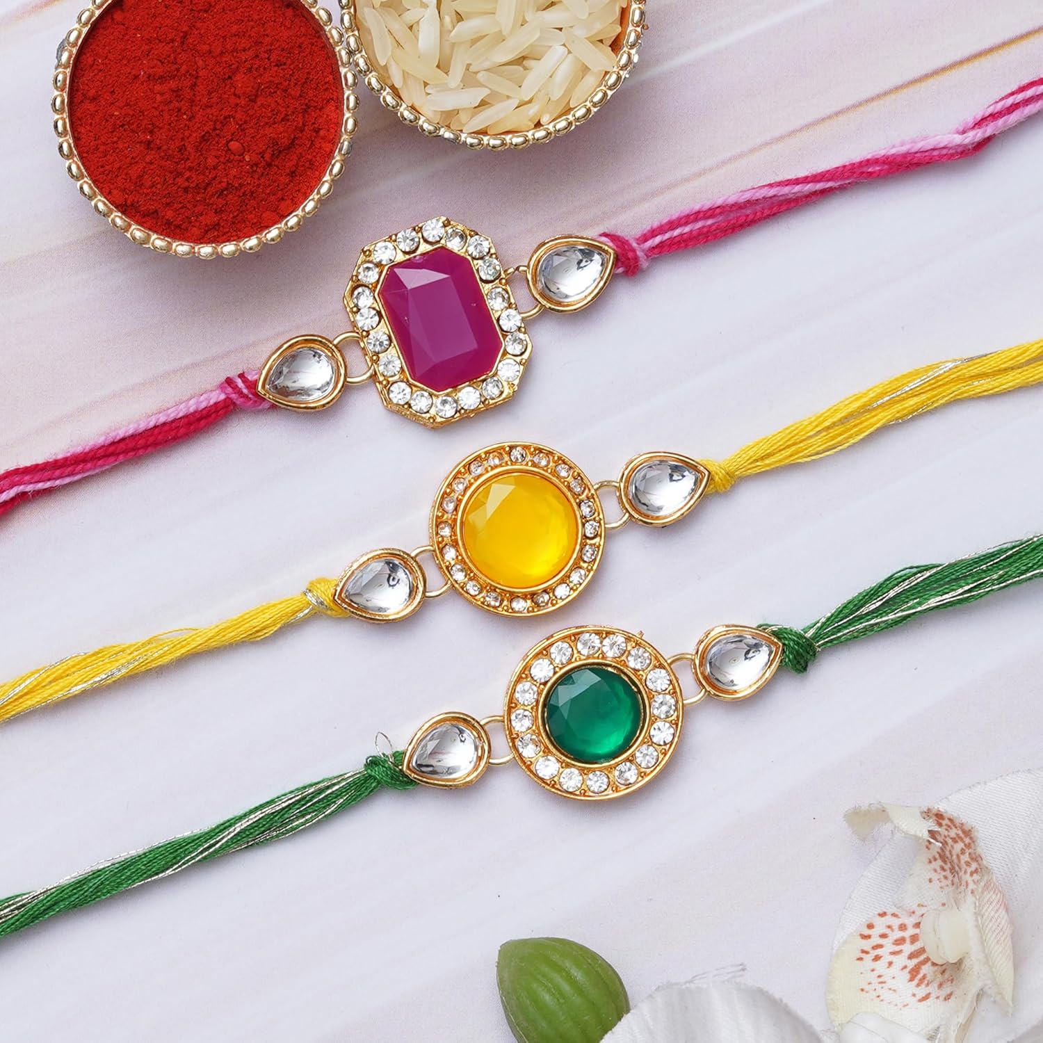 eCraftIndia Set of 3 Pink, Green, and Yellow Kundan Diamond Designer Rakhis for Brother, Bhabhi, Kids with BEST BRO EVER Keychain and Roli Chawal Pack - Image 3