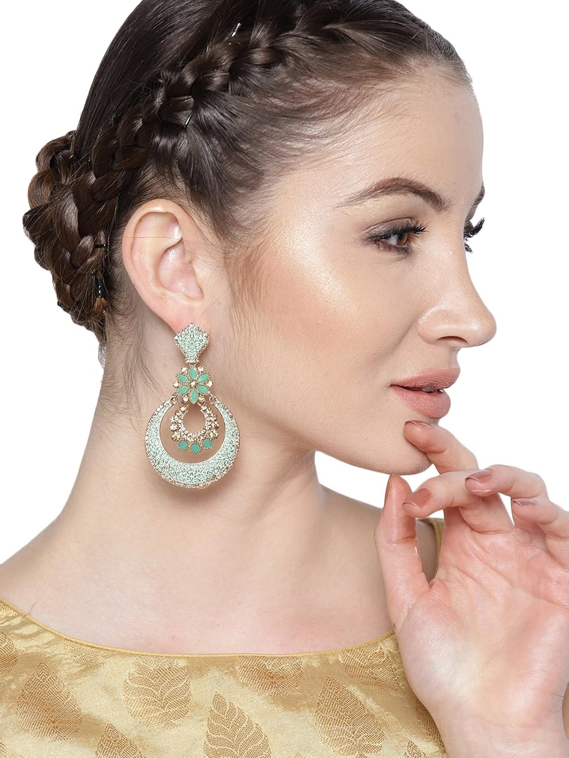 ZAVERI PEARLS Green Golden Non Precious Metal Dangler Earrings for Women (ZPFK9033) - Image 4