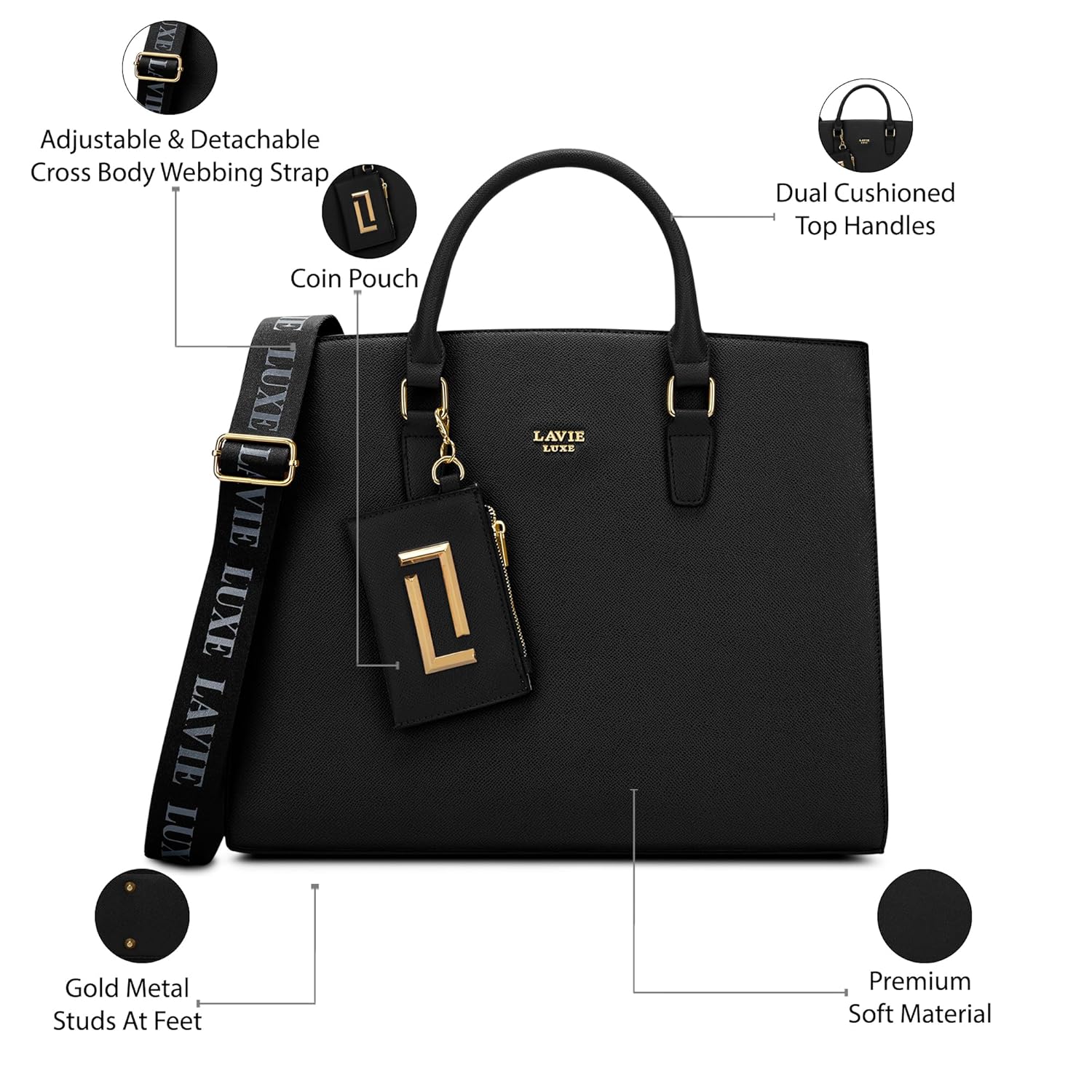 Lavie Luxe Duo Eliza Large Solid Tonal Satchel Laptop Bag for Women | Fits Upto 15 Inch Laptop | Laptop Handbag for Work | Ladies purse | Stylish Shoulder Bag | Ladies Gift - Image 3