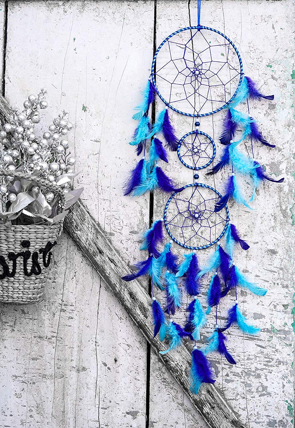 ILU® Dream Catchers, Wall Hangings, Home Decor, Handmade Dreamcatcher for Bedroom, Balcony, Garden, Party, Cafe, Small Ring Beaded Blue & Light Blue Feathers, 17cm Diameter, Length 80cm - Image 2