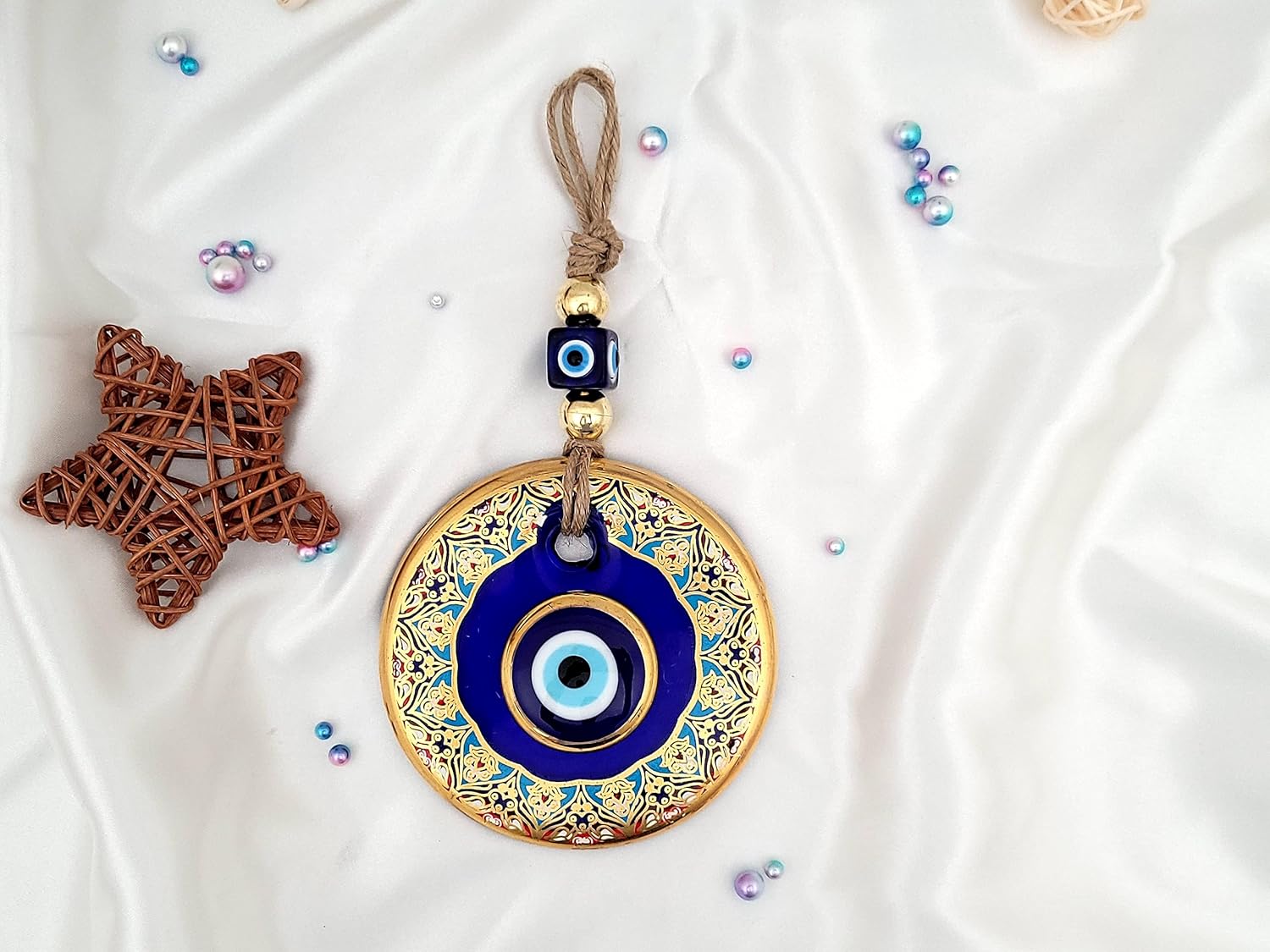 Candymosa 4.3" Glass Blue Evil Eye Wall Hanging Floral Design Gold Ornament – Evil Eye Wall Hanging in a Box - Home Protection Charm Evil Eye Wall Decor - Turkish Nazar Amulet - Image 7
