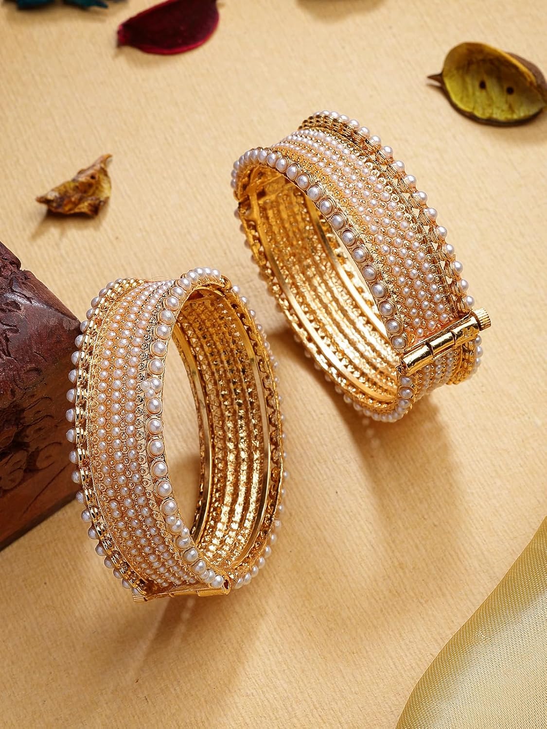 Sukkhi Trendy Rajwadi Style Gold Plated with Pearls Studded Broad Kada Bangle Jewellery for Women & Girls|Set of 2|B107298 - Image 5
