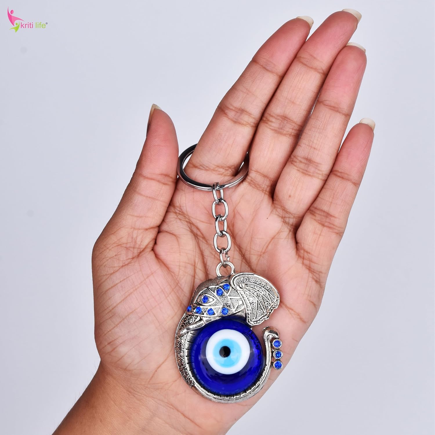 Kriti Life Elephant Evil Eye Keychain | 11 cm hight | Nazar Suraksha Keyring | Blue Evil Eye Glass Bead with Designer Elephant Metal Charm for Car, Bag & Home - Image 5