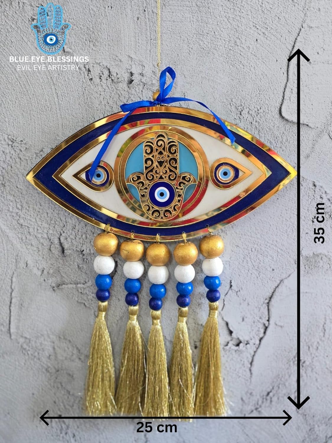 Blue Eye Blessings Hamsa Hand Evil Eye Wall Hanging – Eye-Shaped Nazar Decor with Tassels & Beads | Handcrafted Vastu & Feng Shui Protection Charm for Home, Office & Gifting - Image 4