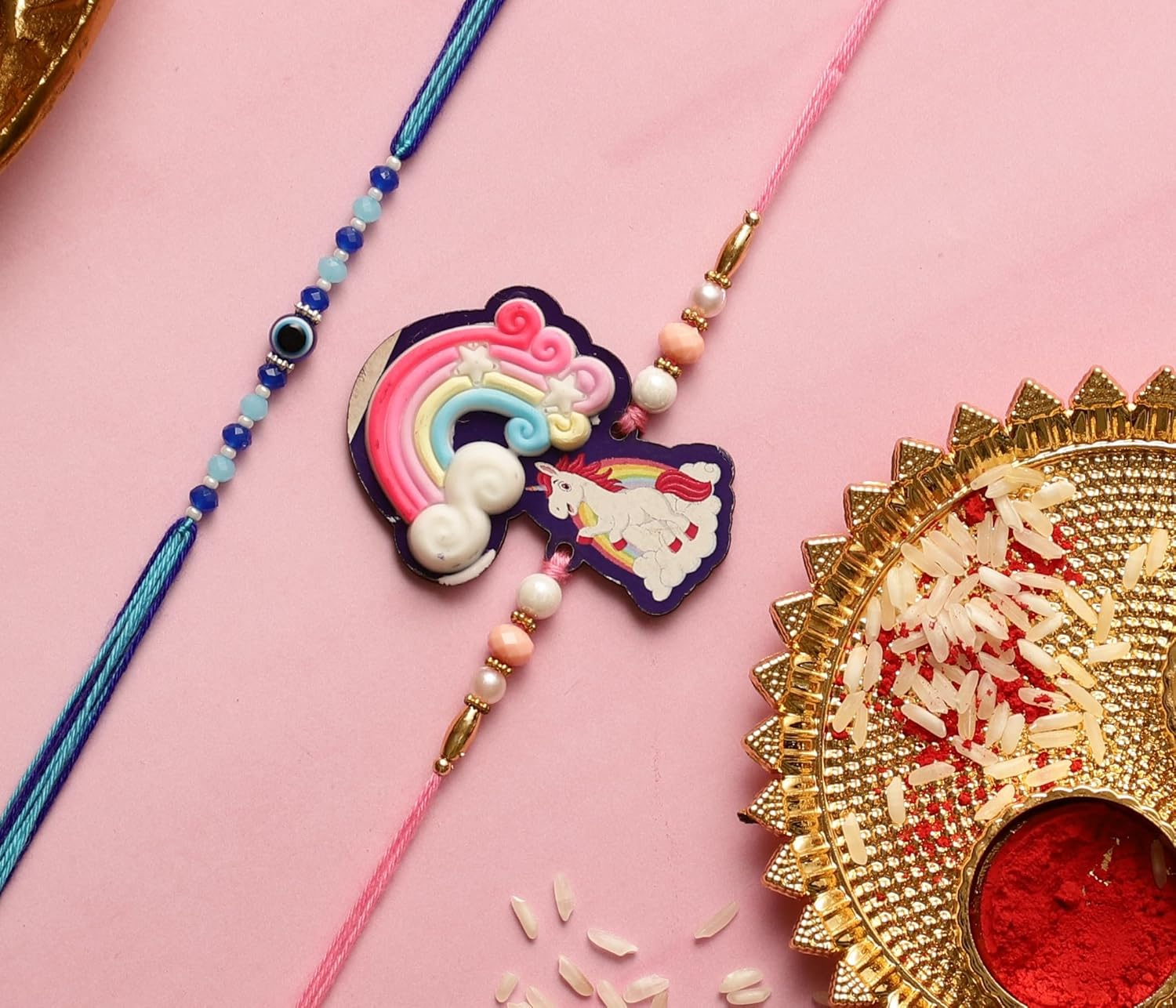 PURESTORY Set of 2 Unicorn & Evil Eye Kids Rakhi with Roli Chawal | Rakhi for Girls & Boys | Adjustable Designer Rakhis Bracelet | Raksha Bandhan Gift Combo for Children - Image 3