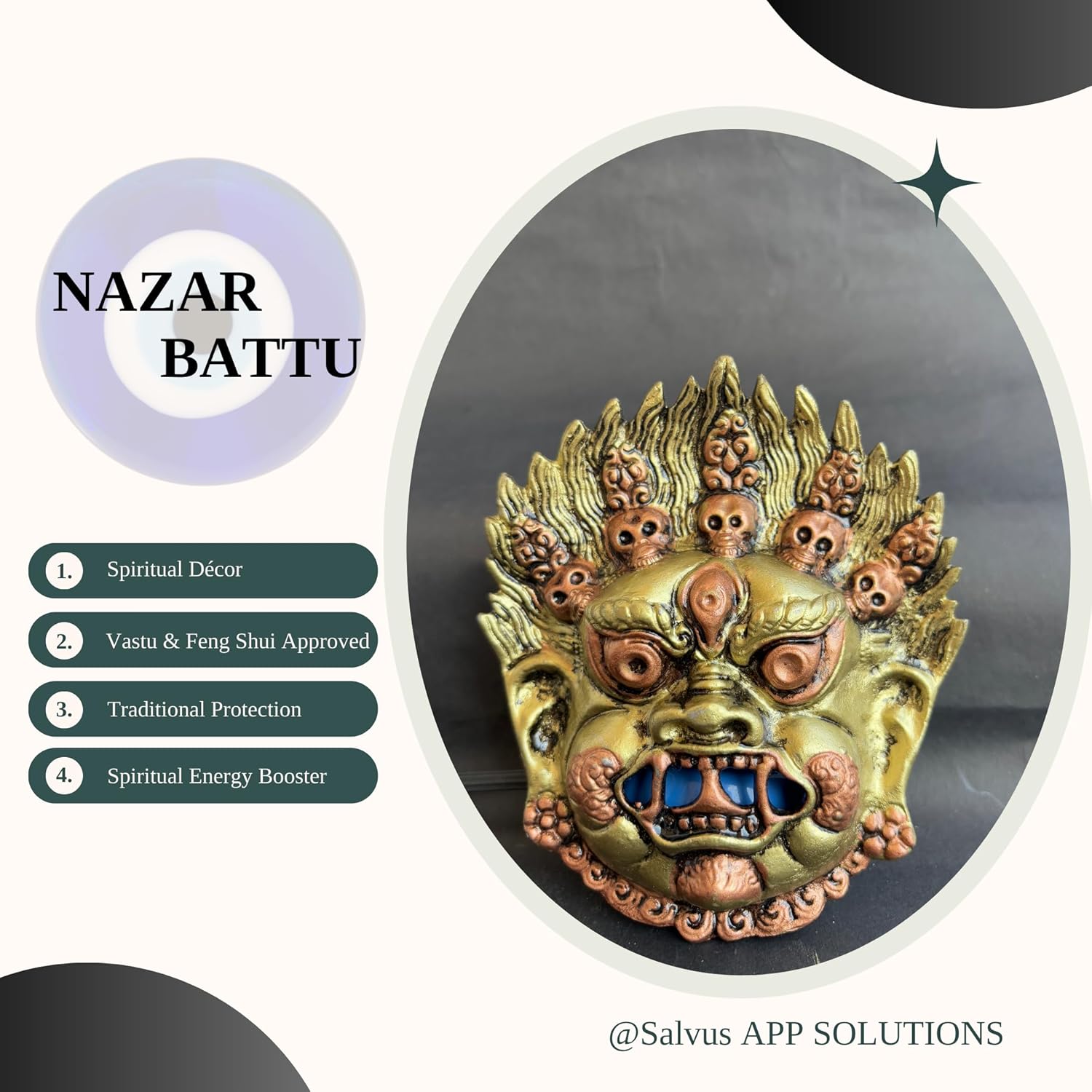 Salvus APP SOLUTIONS Exclusive Metal Gold Nazar Battu Face Mask/Wall Hanging for Evil Eye Protection Suitable for Doors, House, Office, Shops & Wall Decor (Golden_4.5x5.5 Inch) - Image 8