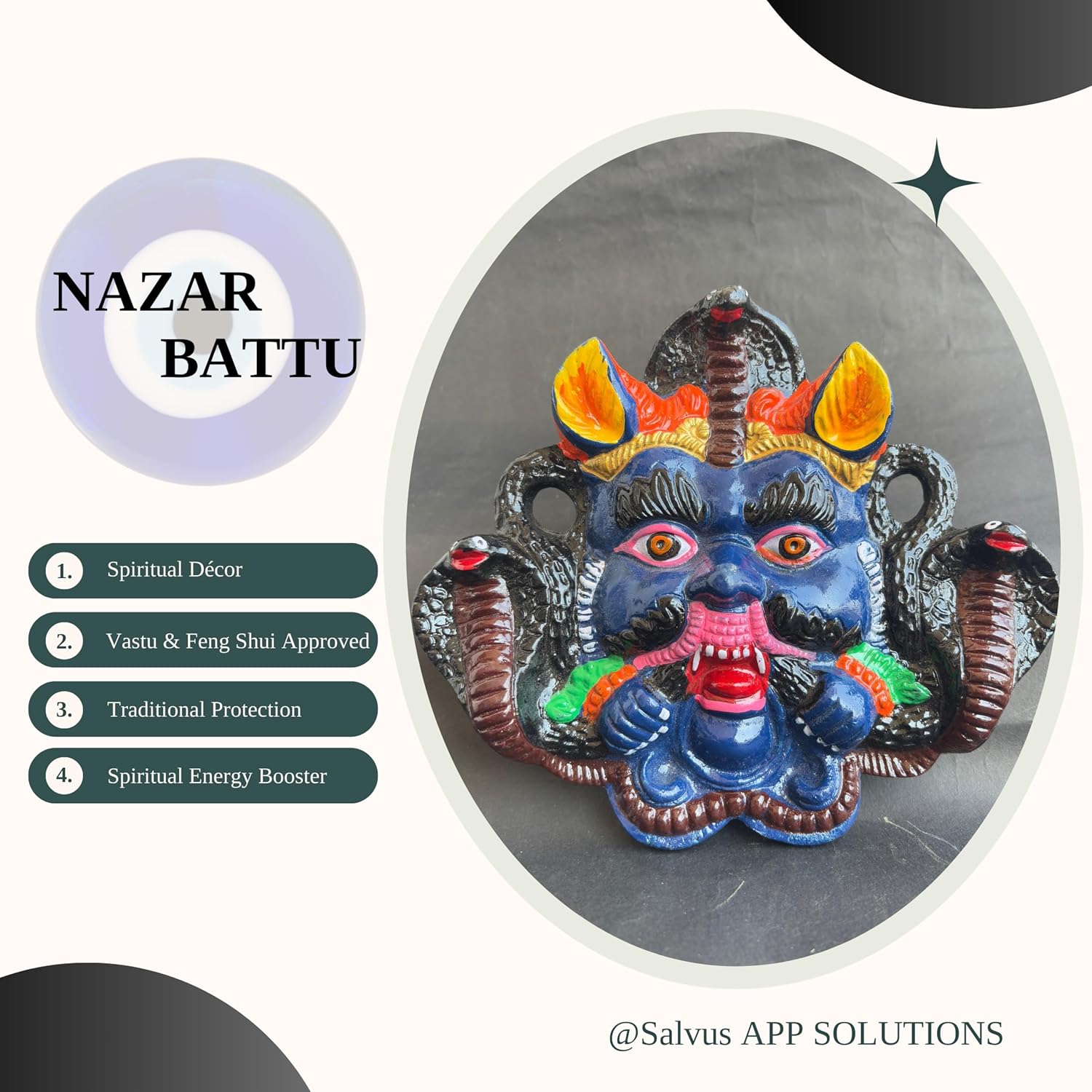Salvus APP SOLUTIONS Nazar Battu-Mahakaal Metal Wall Hanging Face Mask Nazar Battu/Evil Eye Protector for Shops, Home, Office Decor (8x7 Inch) - Image 6