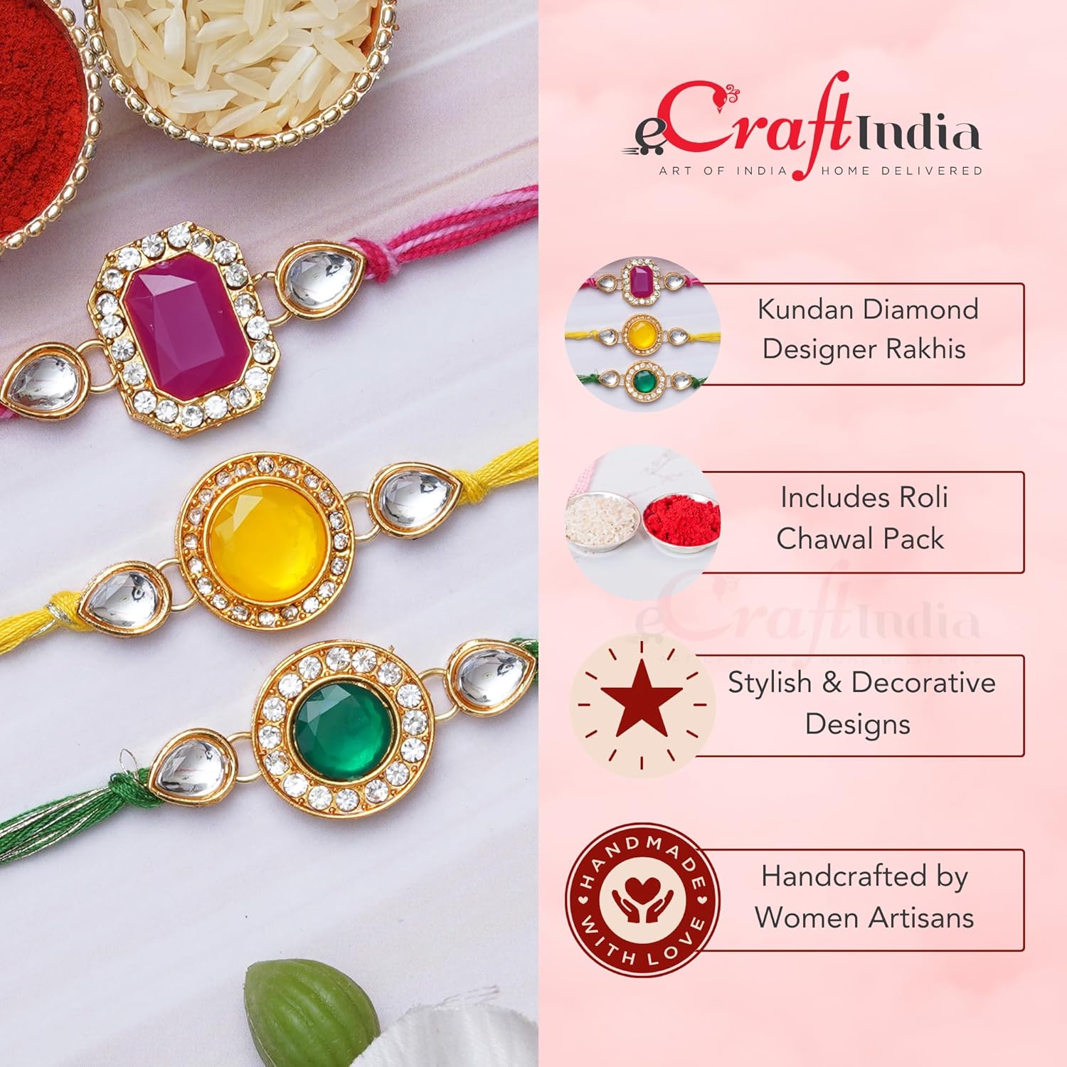eCraftIndia Set of 3 Pink, Green, and Yellow Kundan Diamond Designer Rakhis for Brother, Bhabhi, Kids with BEST BRO EVER Keychain and Roli Chawal Pack - Image 5