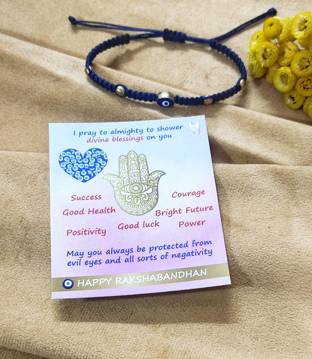 SAFFRON SHADES Premium & Elegant Evil Eye Rakhi Bracelet with Brass Beads for Brother Sister Bhabhi | Good luck, Protection, Nazariya | Greeting Card, Roli Chawal & Gift Potli Bag - Image 4