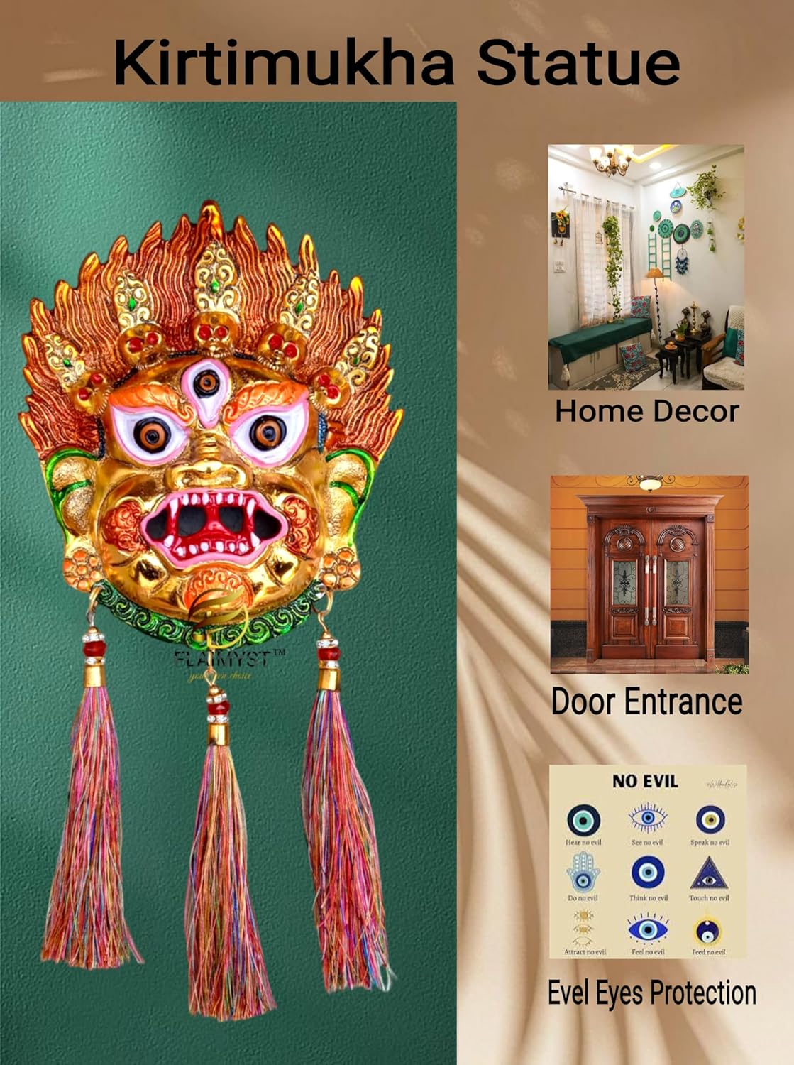 FLAIMYST Kirtimukha for Home Door in Aluminium Metal, Kirtimukha Wall Hanging for Home Decor, Nazar Battu Vastu & Traditional Indian Decor (Gold Multi) - Image 8