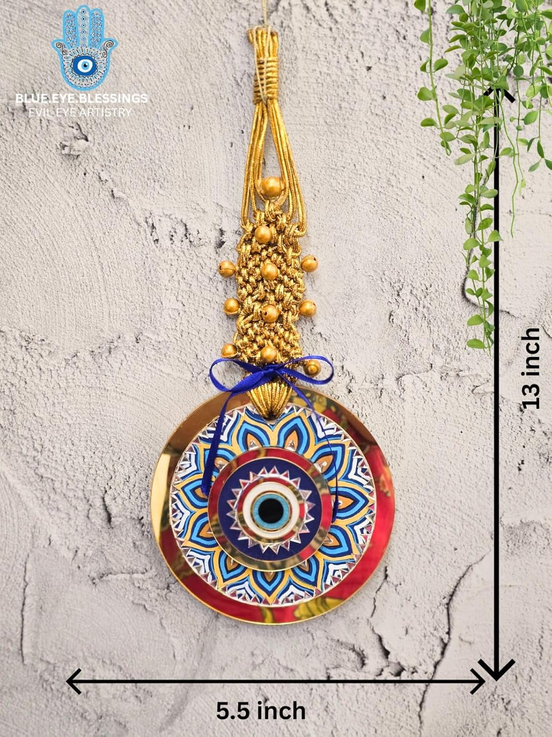 Blue Eye Blessings Mandala Evil Eye Wall Hanging with Golden Macrame Top | Handcrafted Boho Protection Decor for Home and Gifts - Image 4