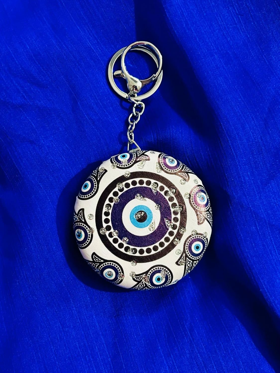 Savikaa Bliss Evil Eye Compact Mirror Keychain with foldable mirror, White and Blue Pattern, Decorative Protection Charm for daily use. - Image 3
