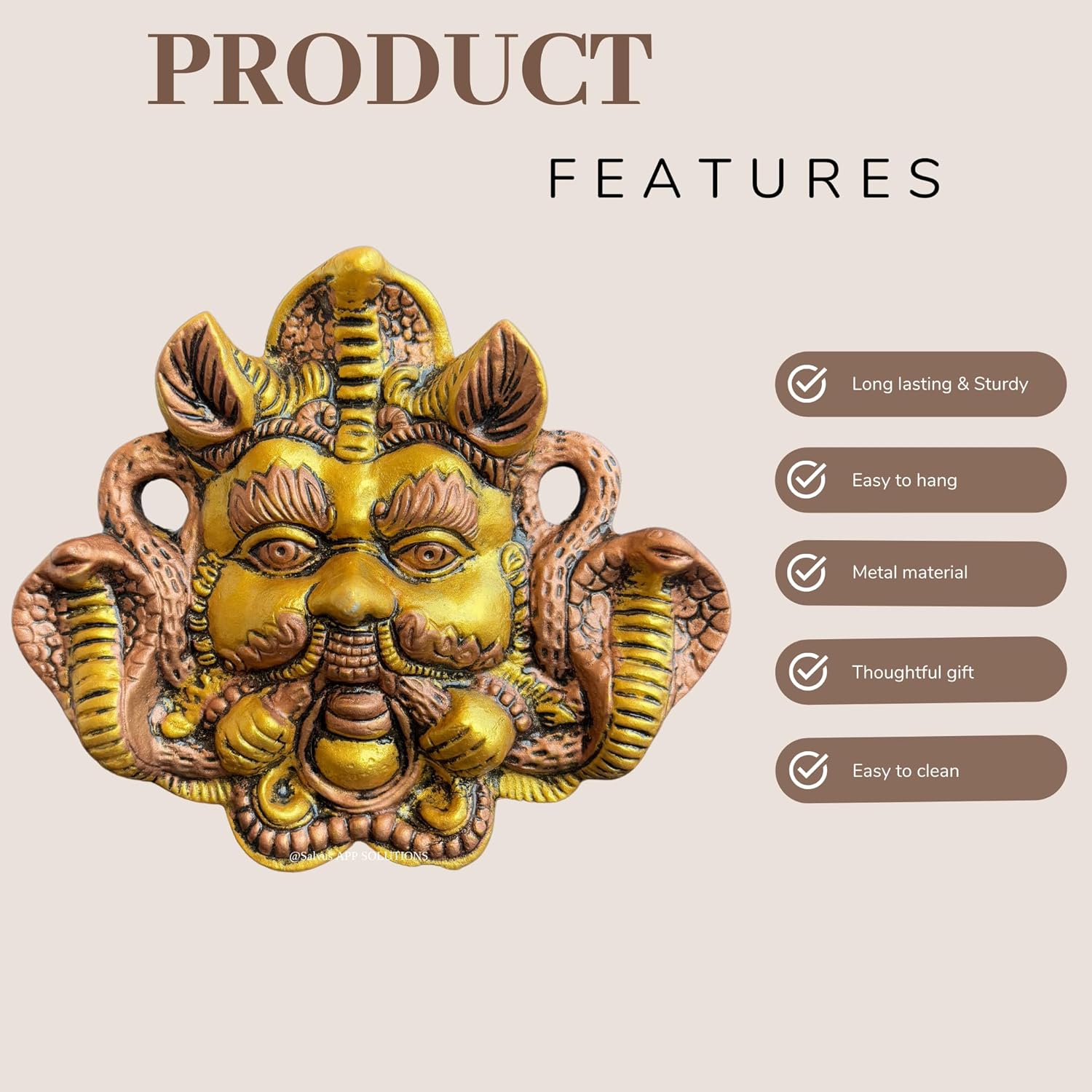 Salvus APP SOLUTIONS Exclusive Metal Nazar Battu Face Mask with Naag Wall Hanging for Evil Eye Protection Suitable ( Gold) - Image 4