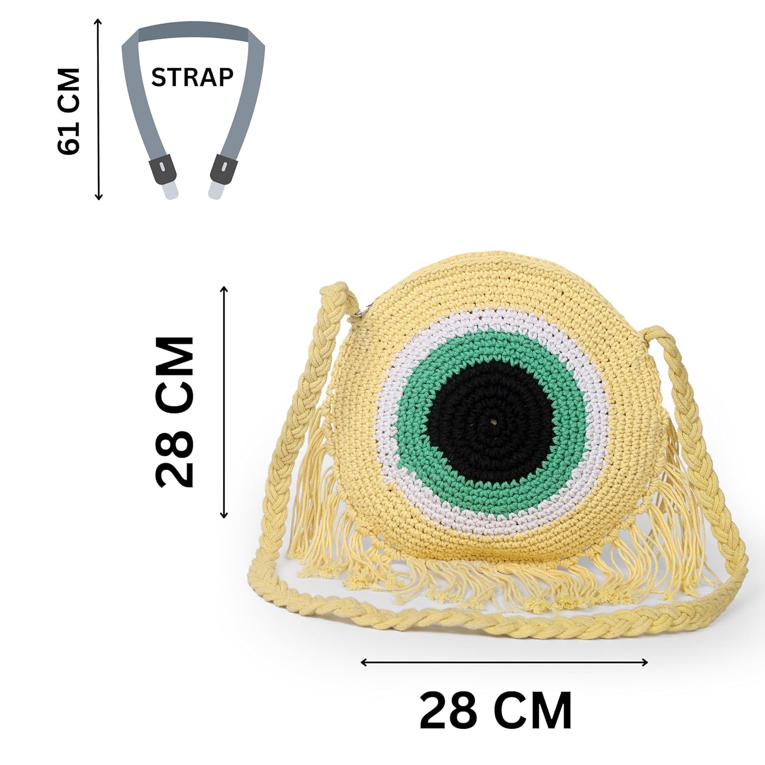 MMS Handicrafts Handmade Crochet Crossbody Bag, Round Evil Eye Design with Fringe - Image 6