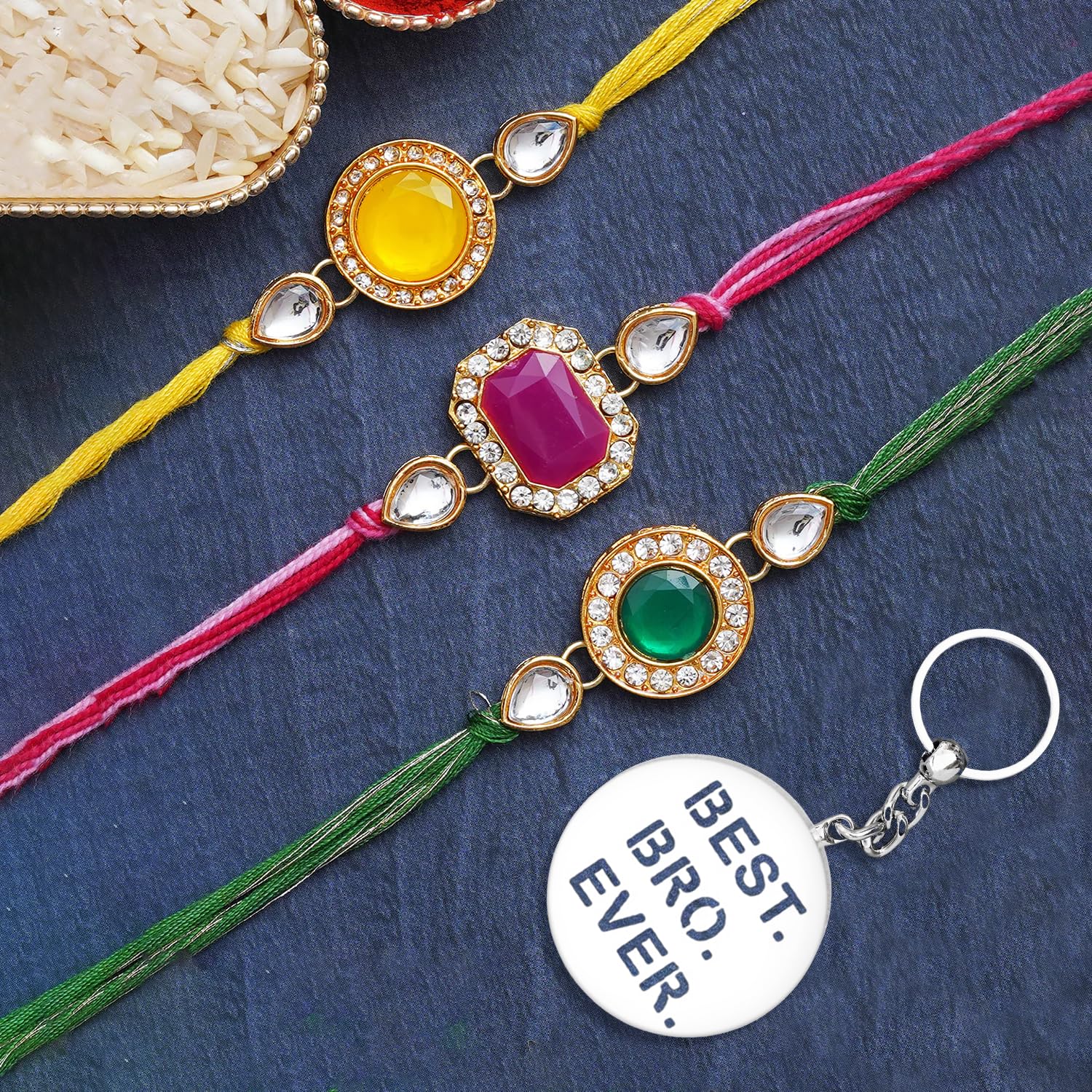 eCraftIndia Set of 3 Pink, Green, and Yellow Kundan Diamond Designer Rakhis for Brother, Bhabhi, Kids with BEST BRO EVER Keychain and Roli Chawal Pack - Image 2