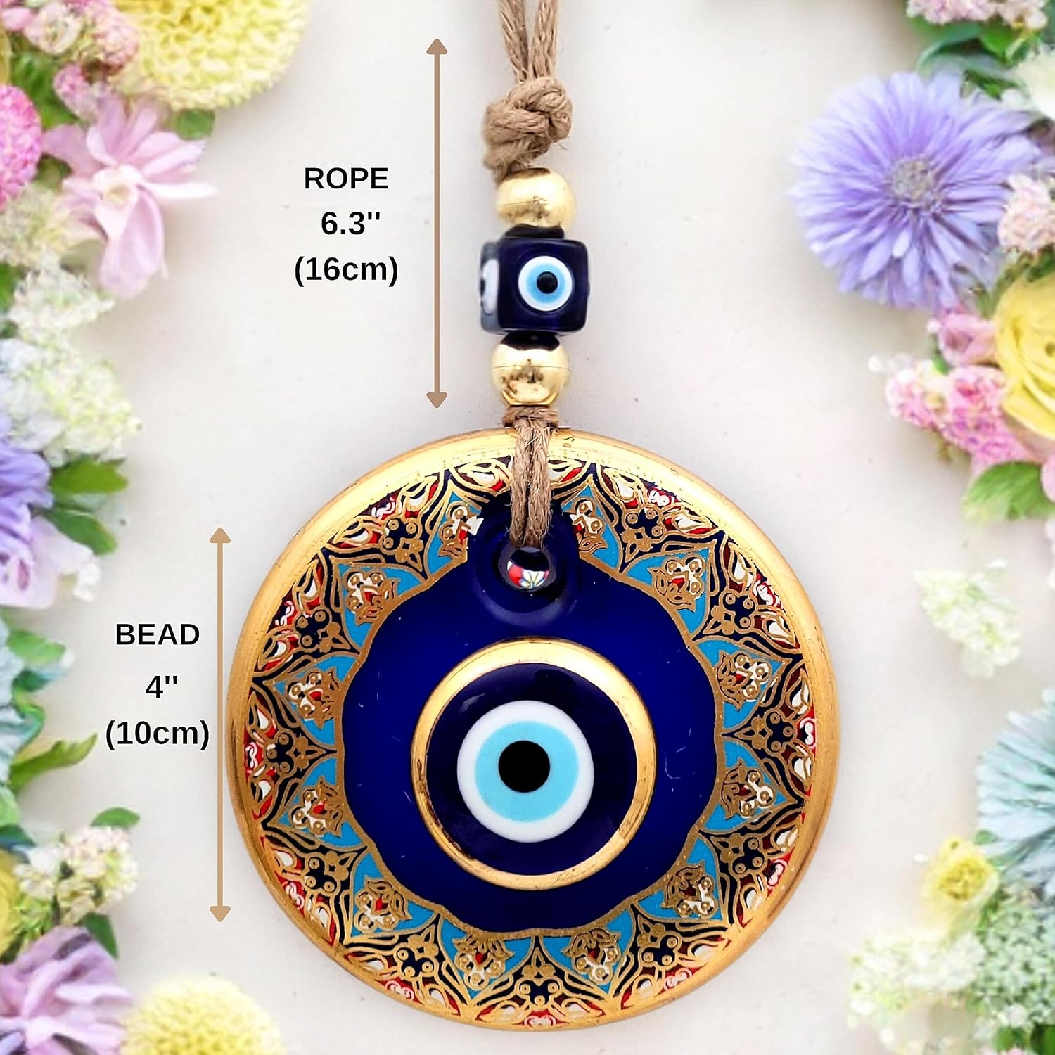 Candymosa 4.3" Glass Blue Evil Eye Wall Hanging Floral Design Gold Ornament – Evil Eye Wall Hanging in a Box - Home Protection Charm Evil Eye Wall Decor - Turkish Nazar Amulet - Image 4